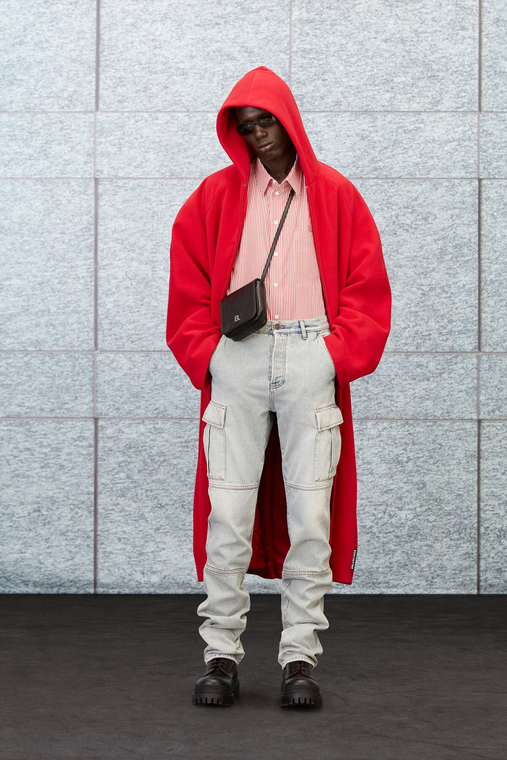 red wool hooded oversized coat