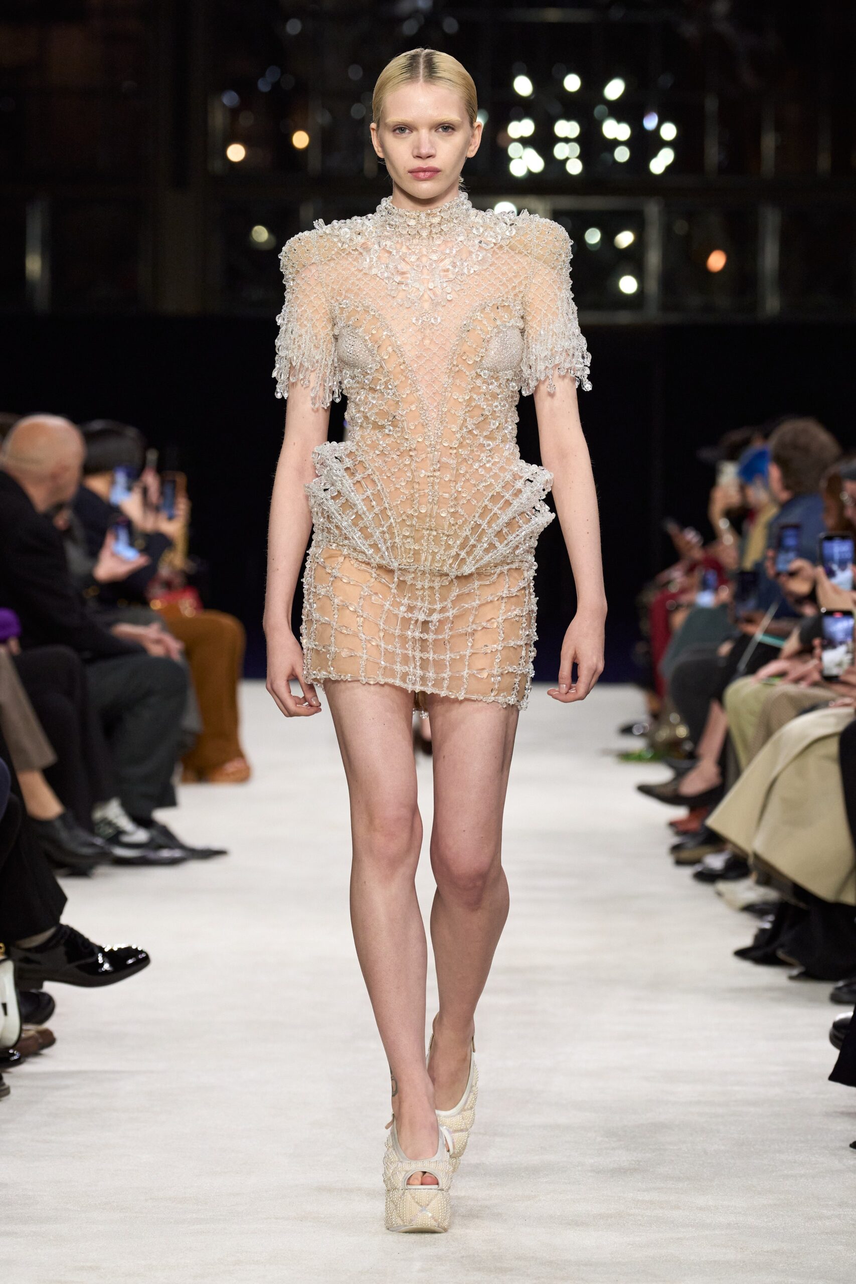 beige embellished fitted mini dress