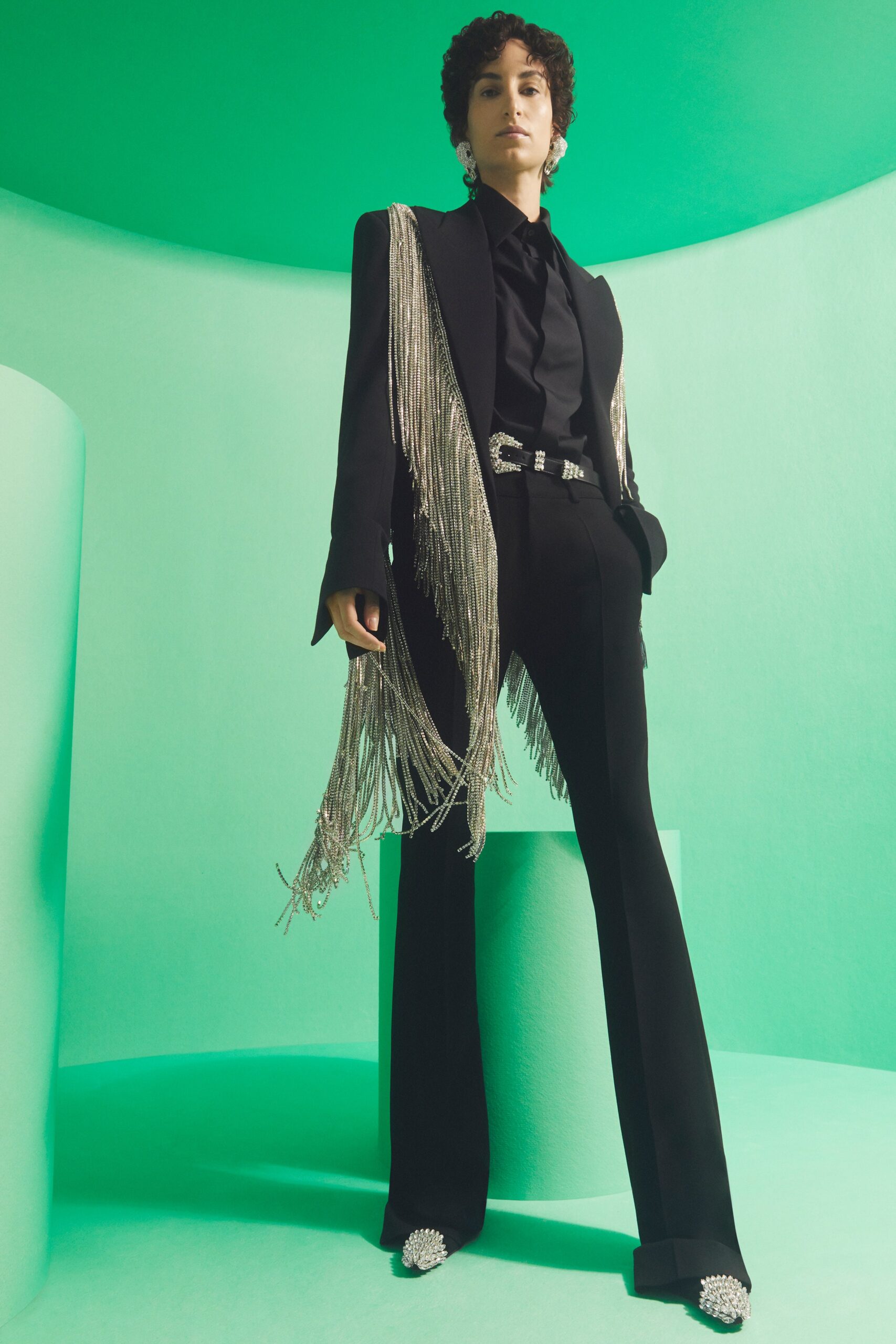 black silk long-sleeve collared tailored fringed blazer