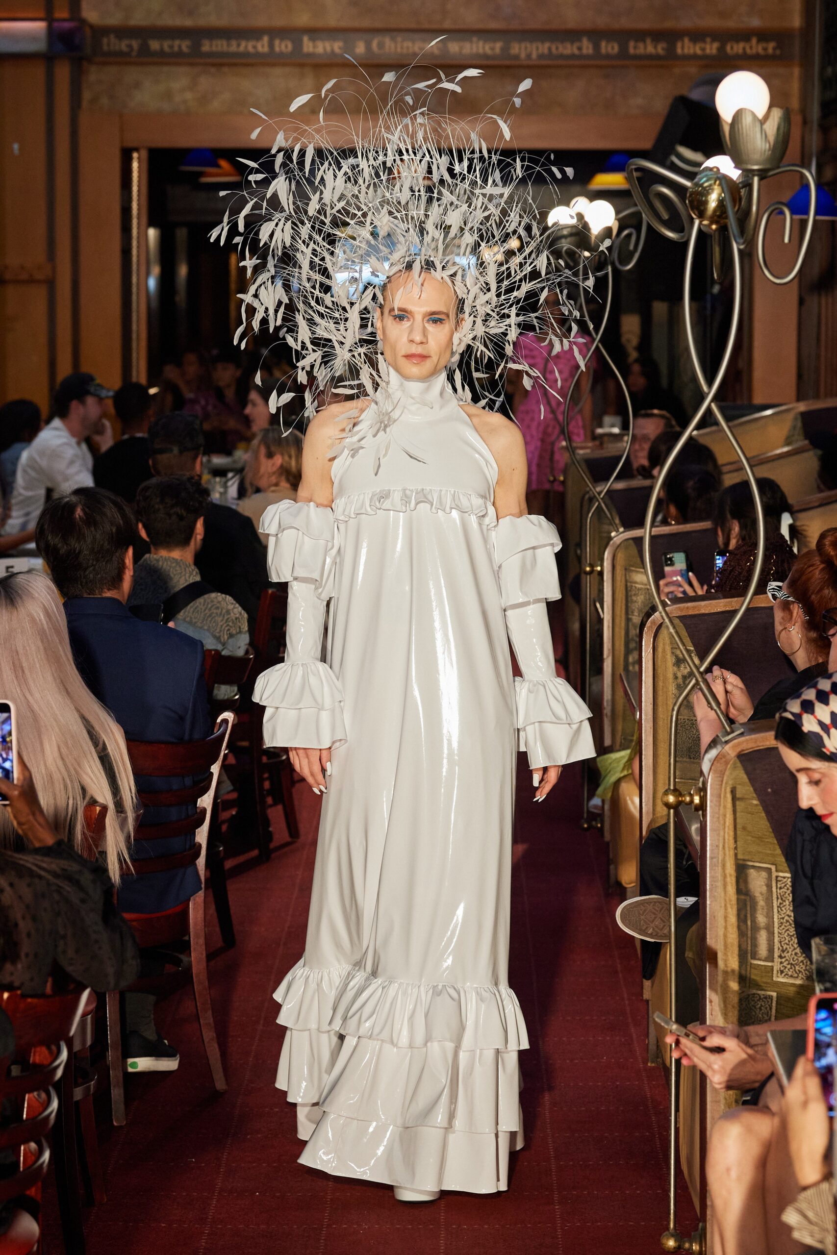 white vinyl off-shoulder dress