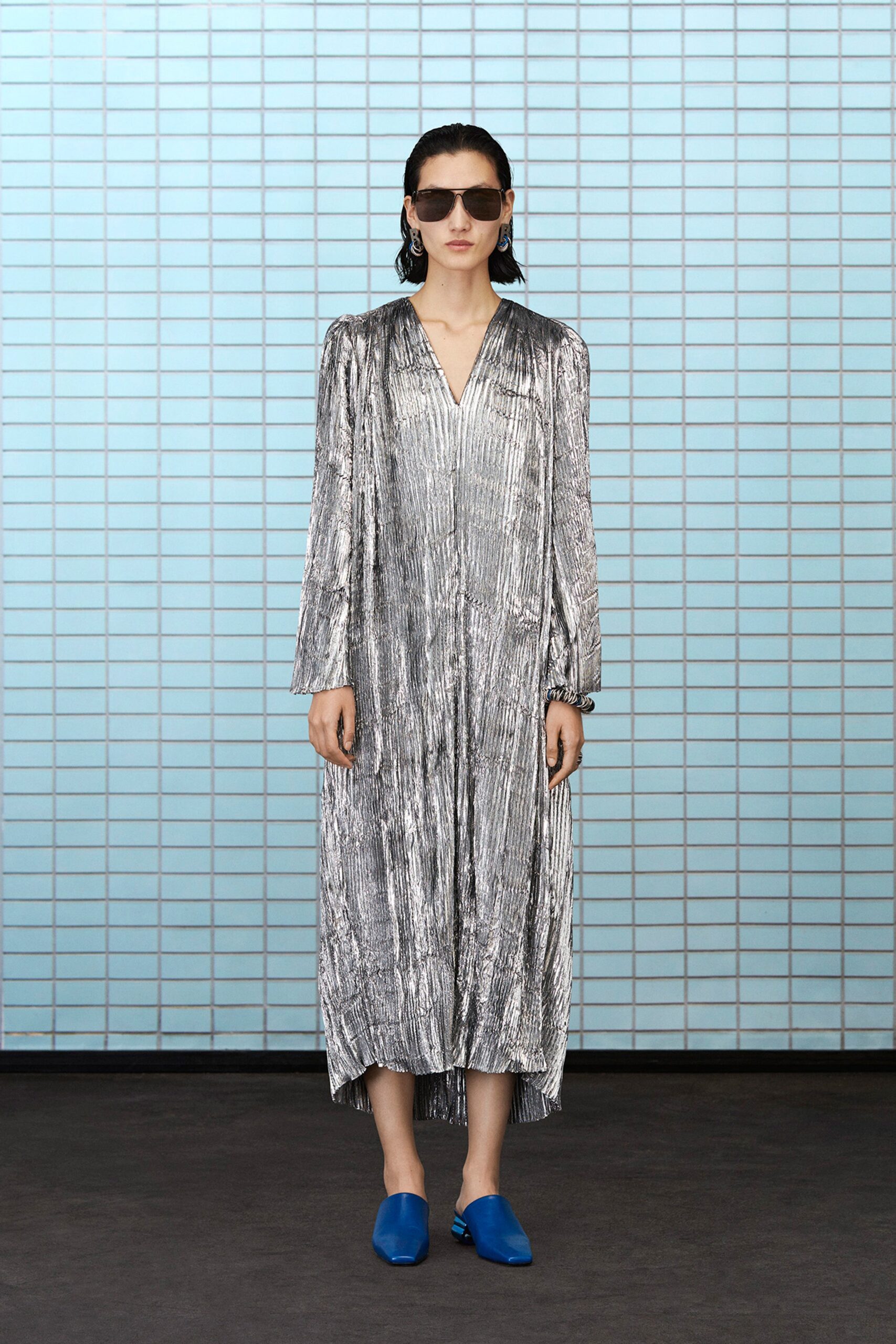 gray silk long-sleeve v-neck relaxed pleated shiny dress