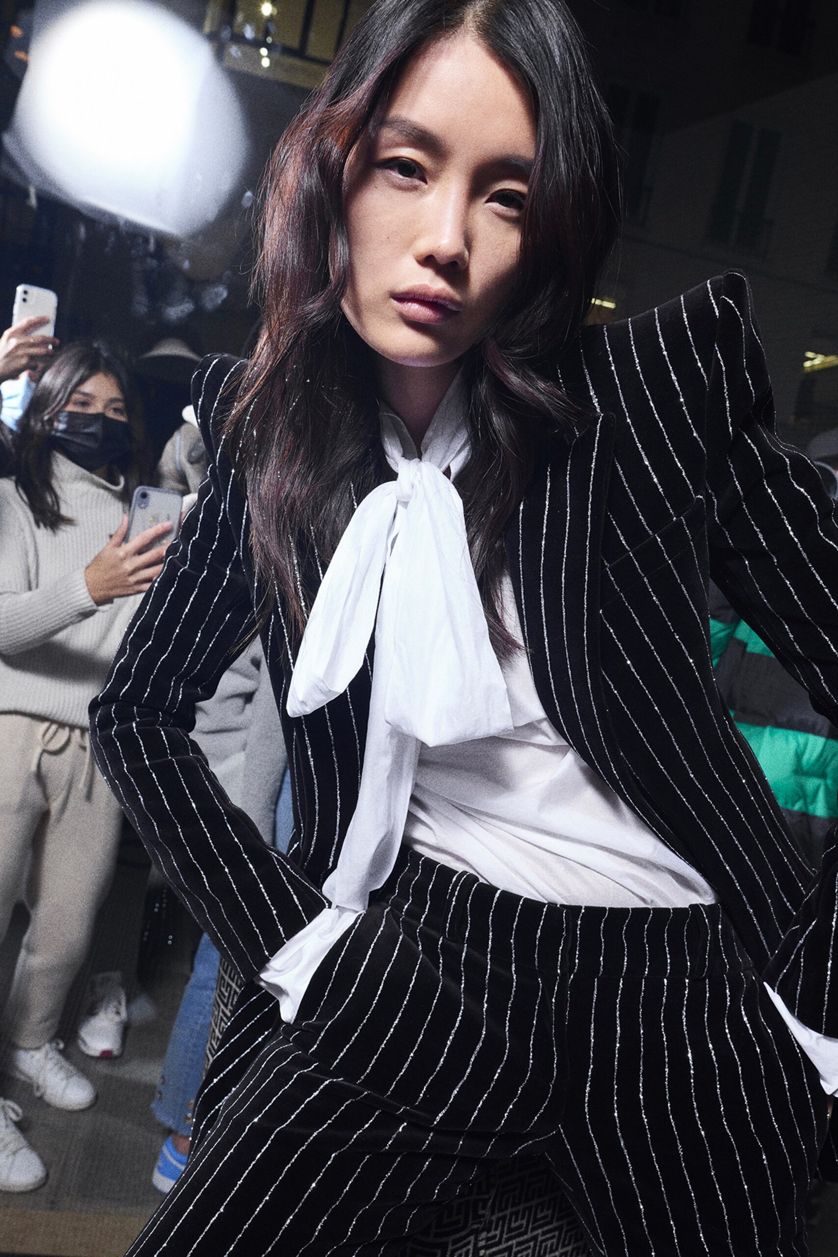 black and white striped suit