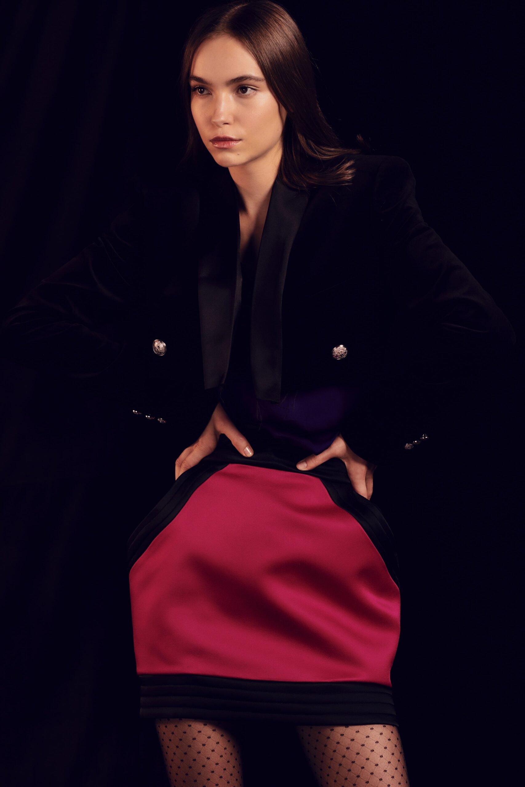 black velvet blazer with pink skirt