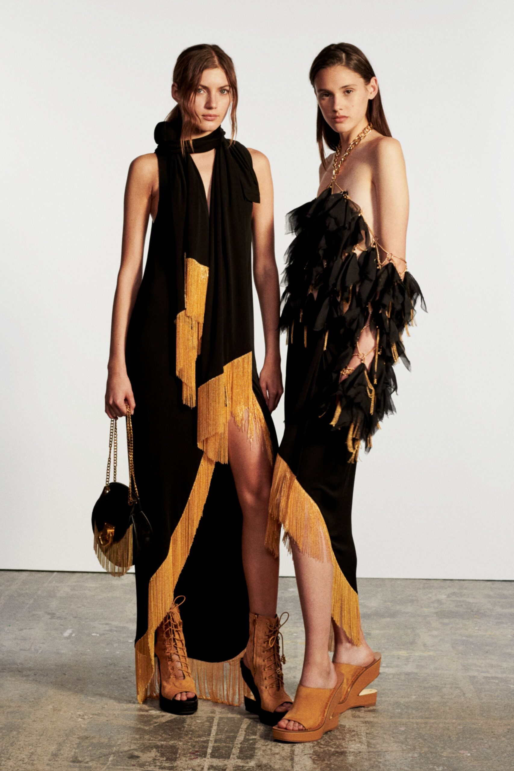black silk fringed maxi dresses