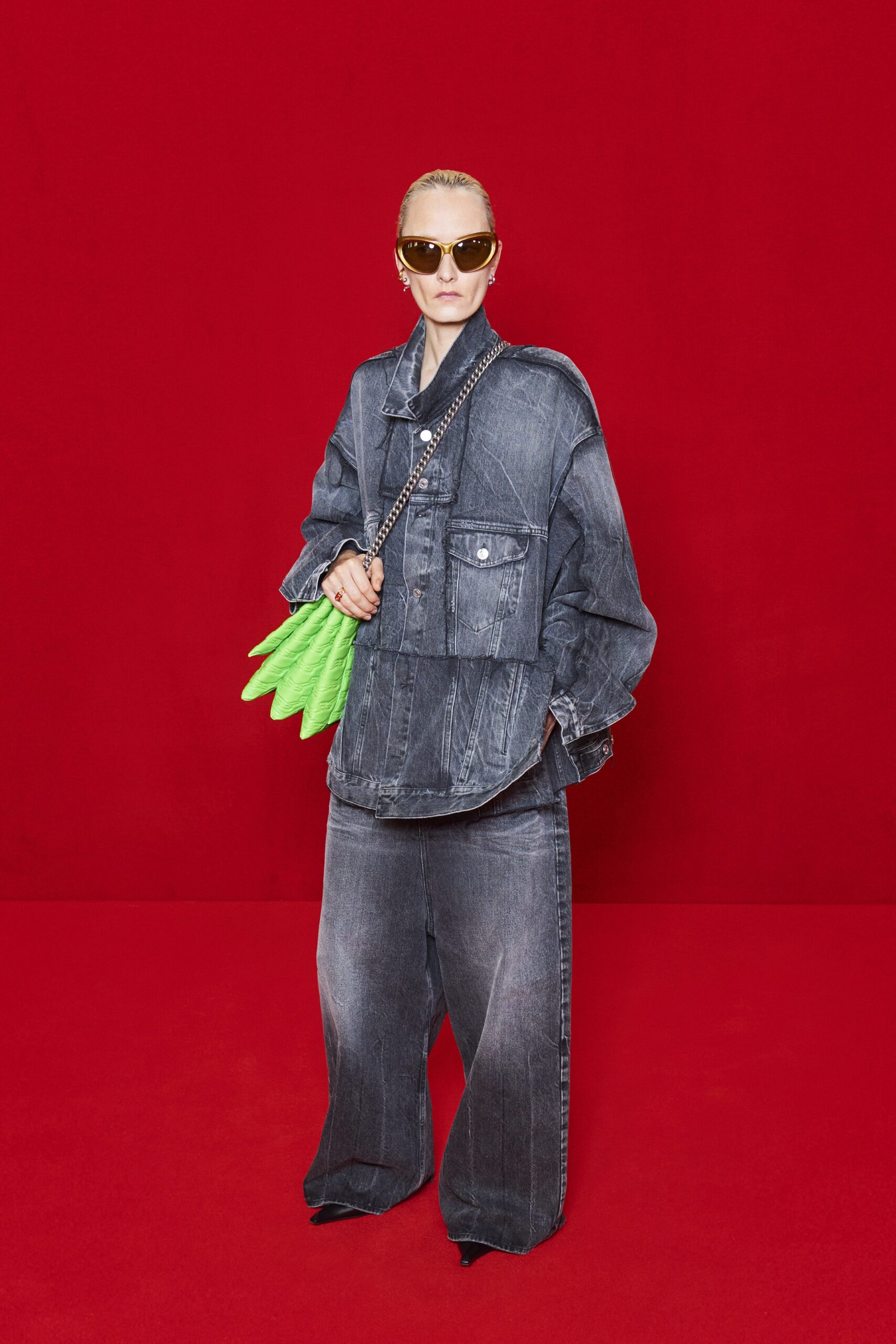 oversized denim jacket with wide-leg pants