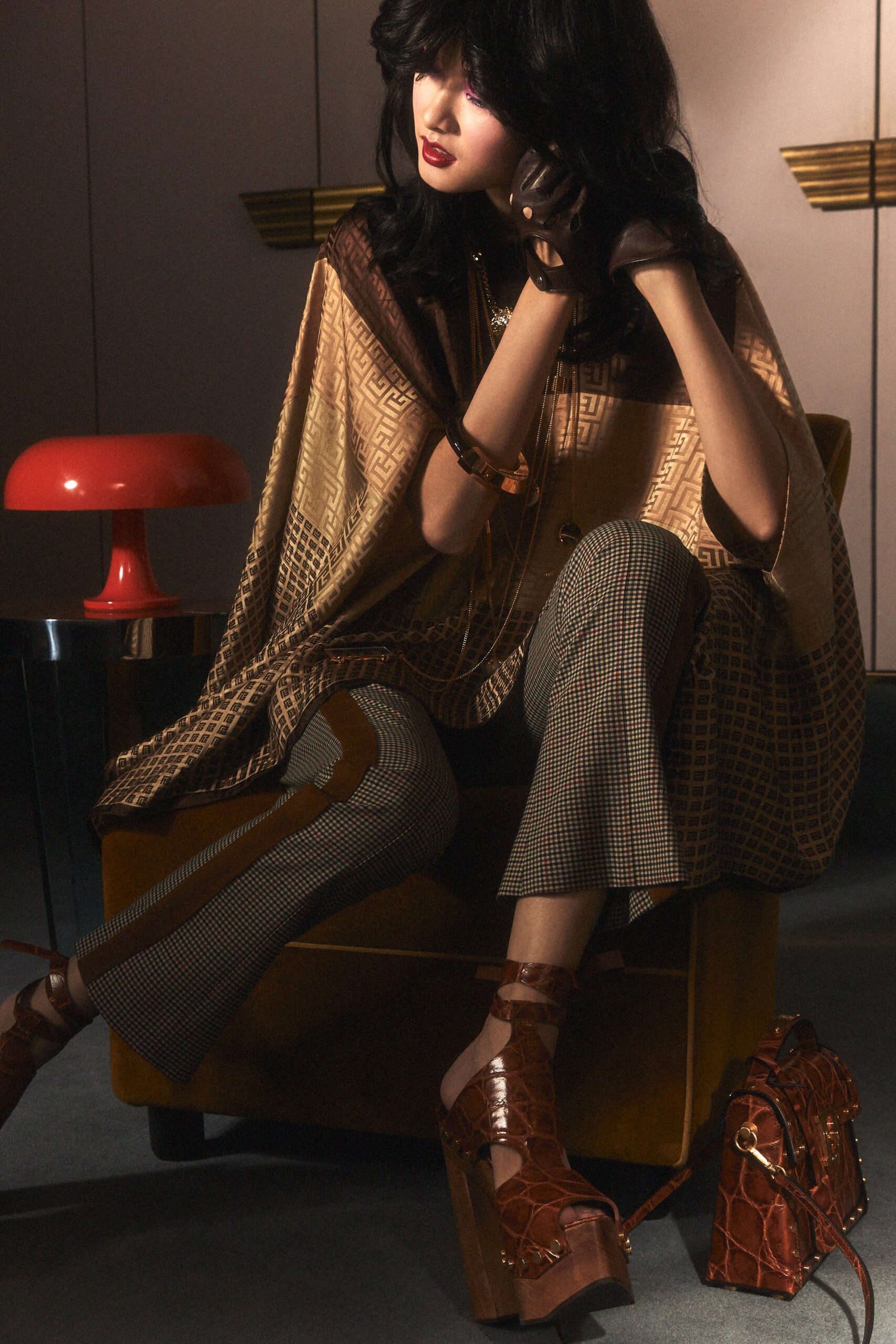 brown silk poncho with checked pants