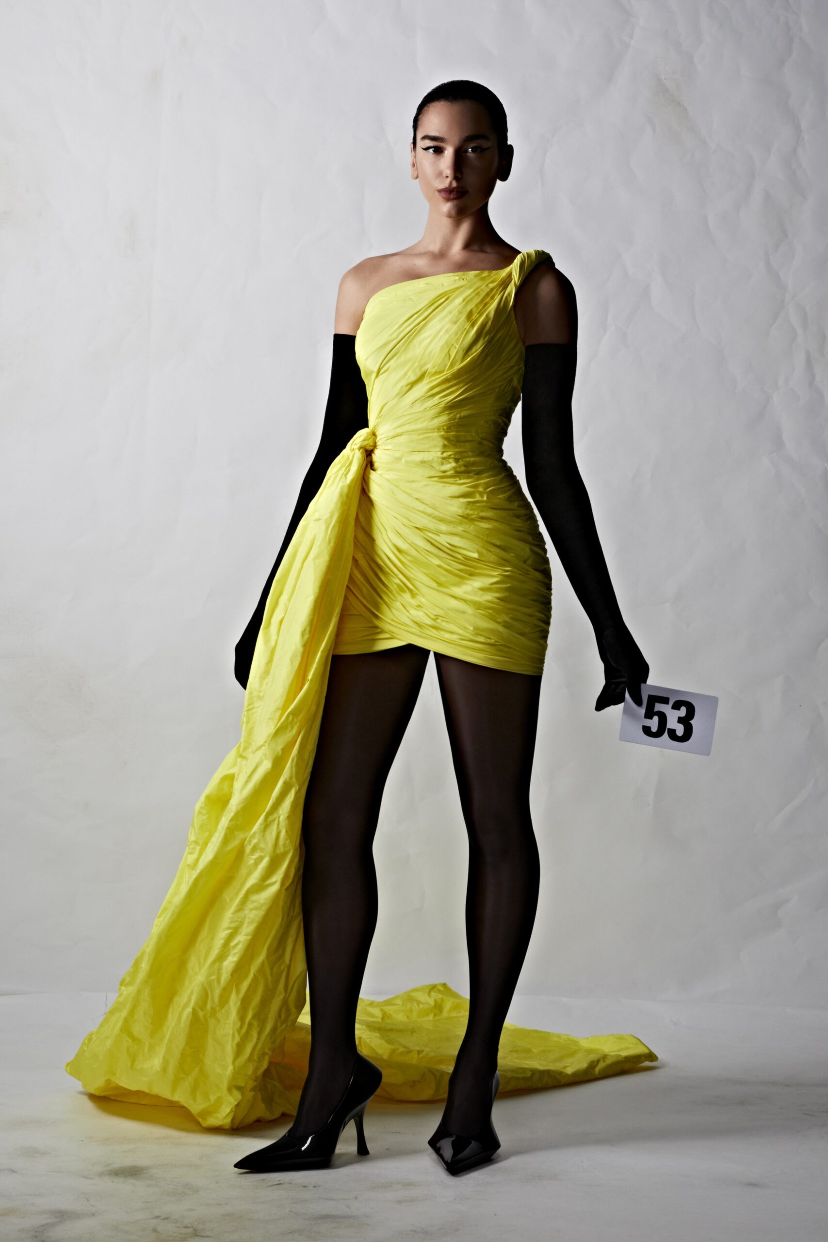 yellow ruched mini dress with gloves