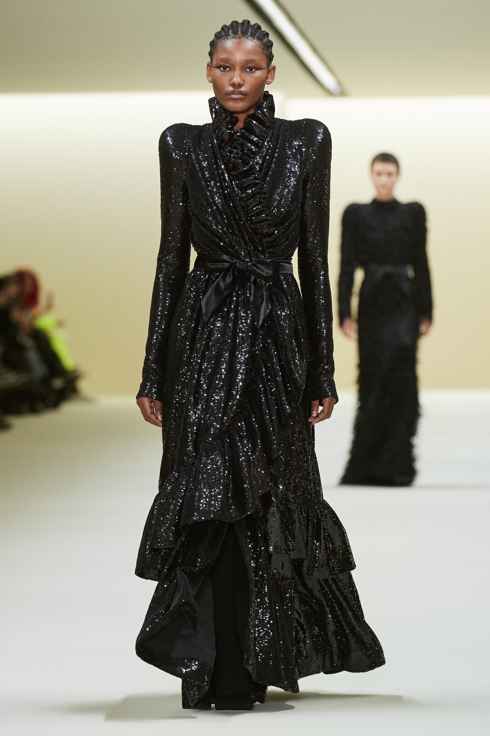 black silk ruffled gown