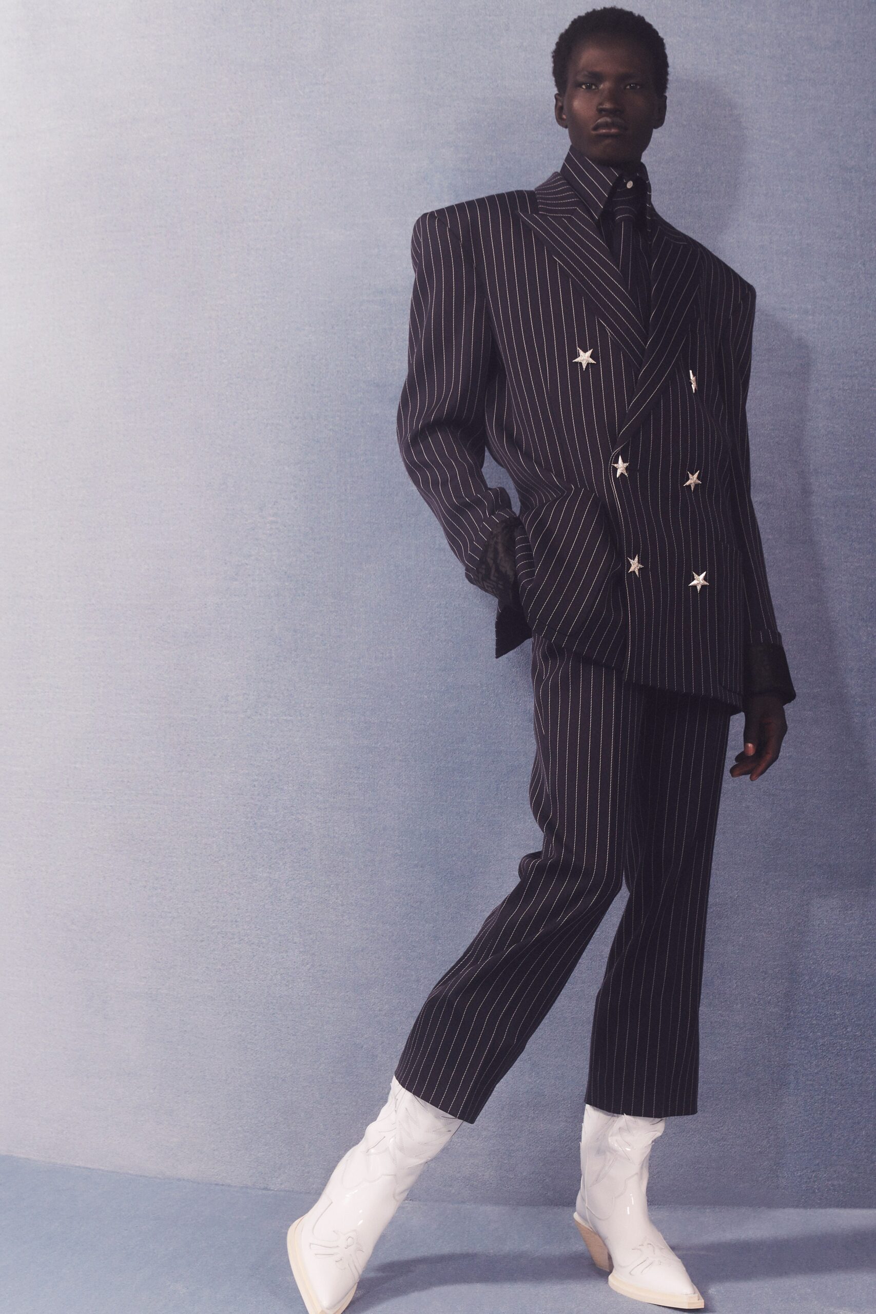 tailored black and white suit