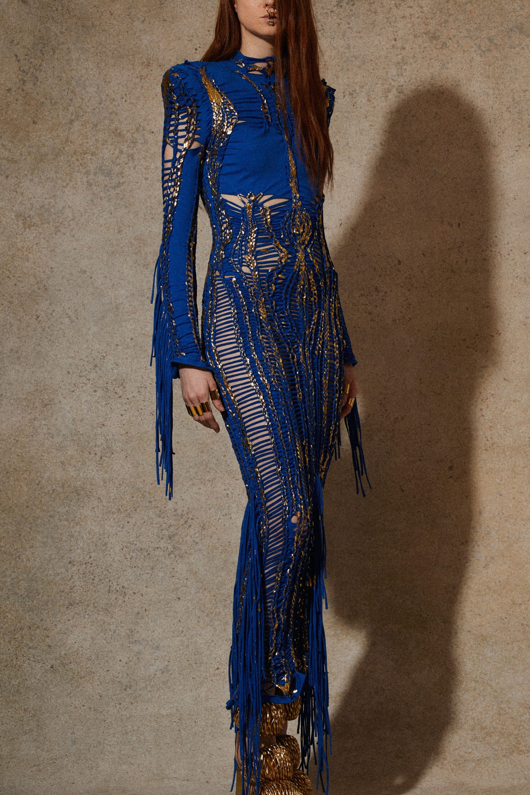 blue embroidered fringed dress