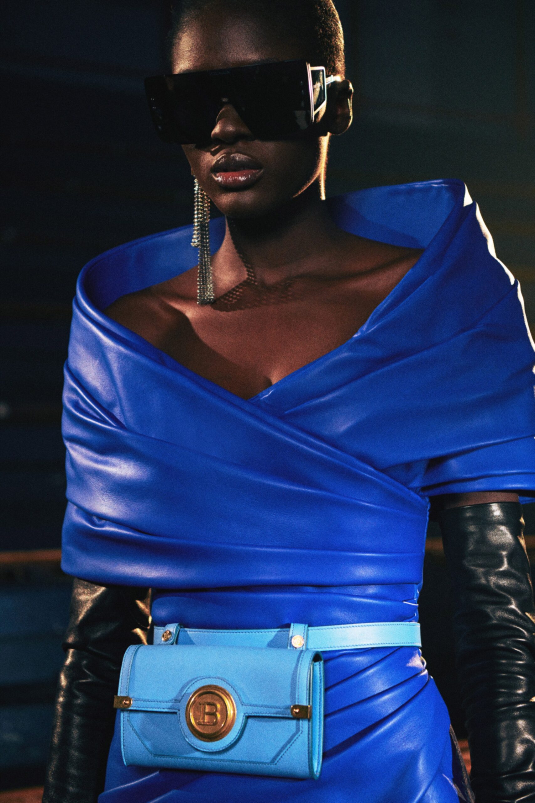 blue off-shoulder draped dress