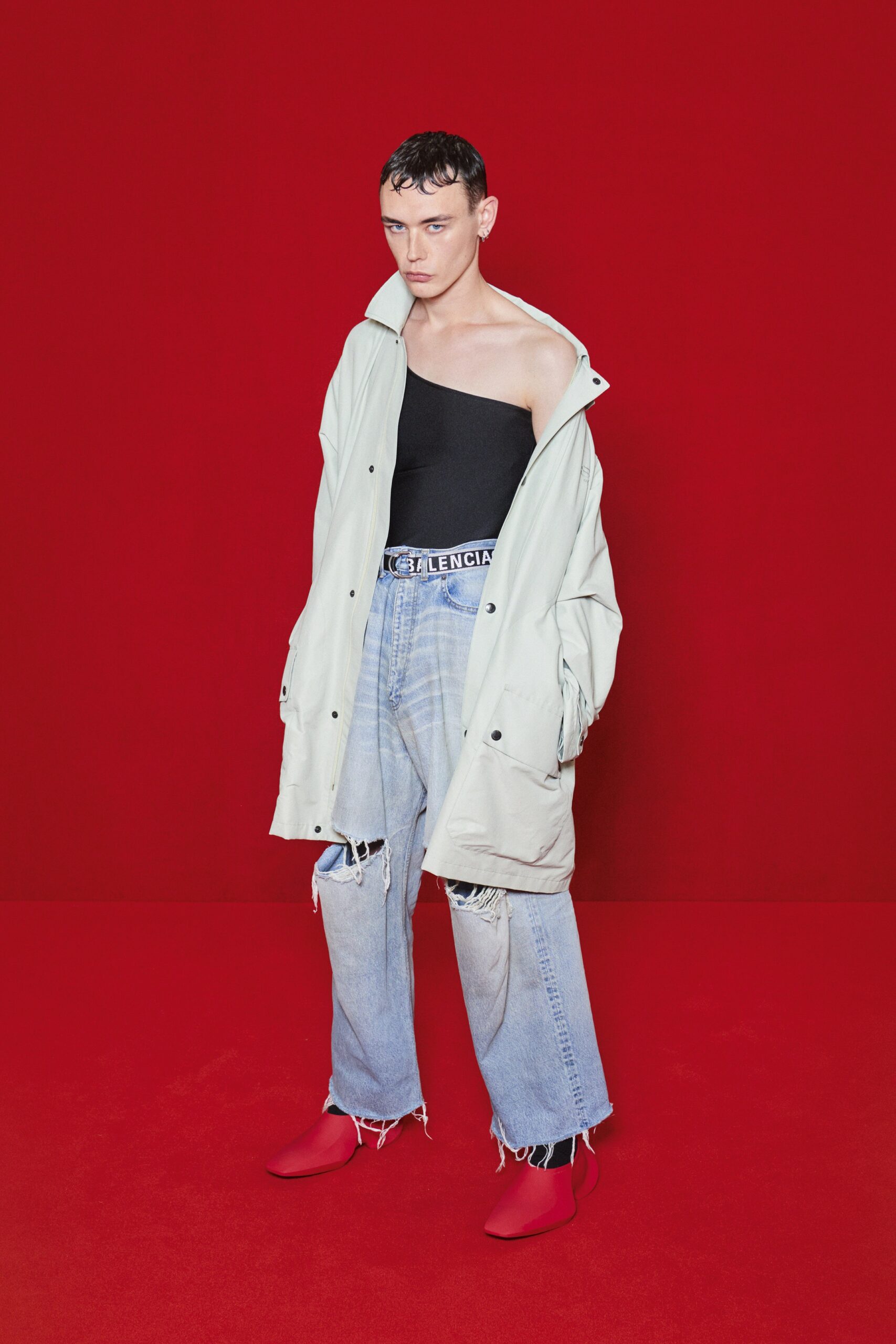 blue cotton long-sleeve collared oversized buttoned coat