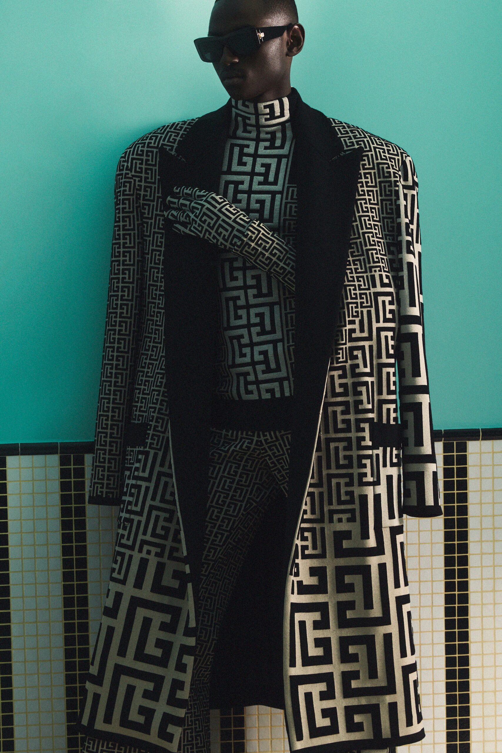 black and white printed coat and top