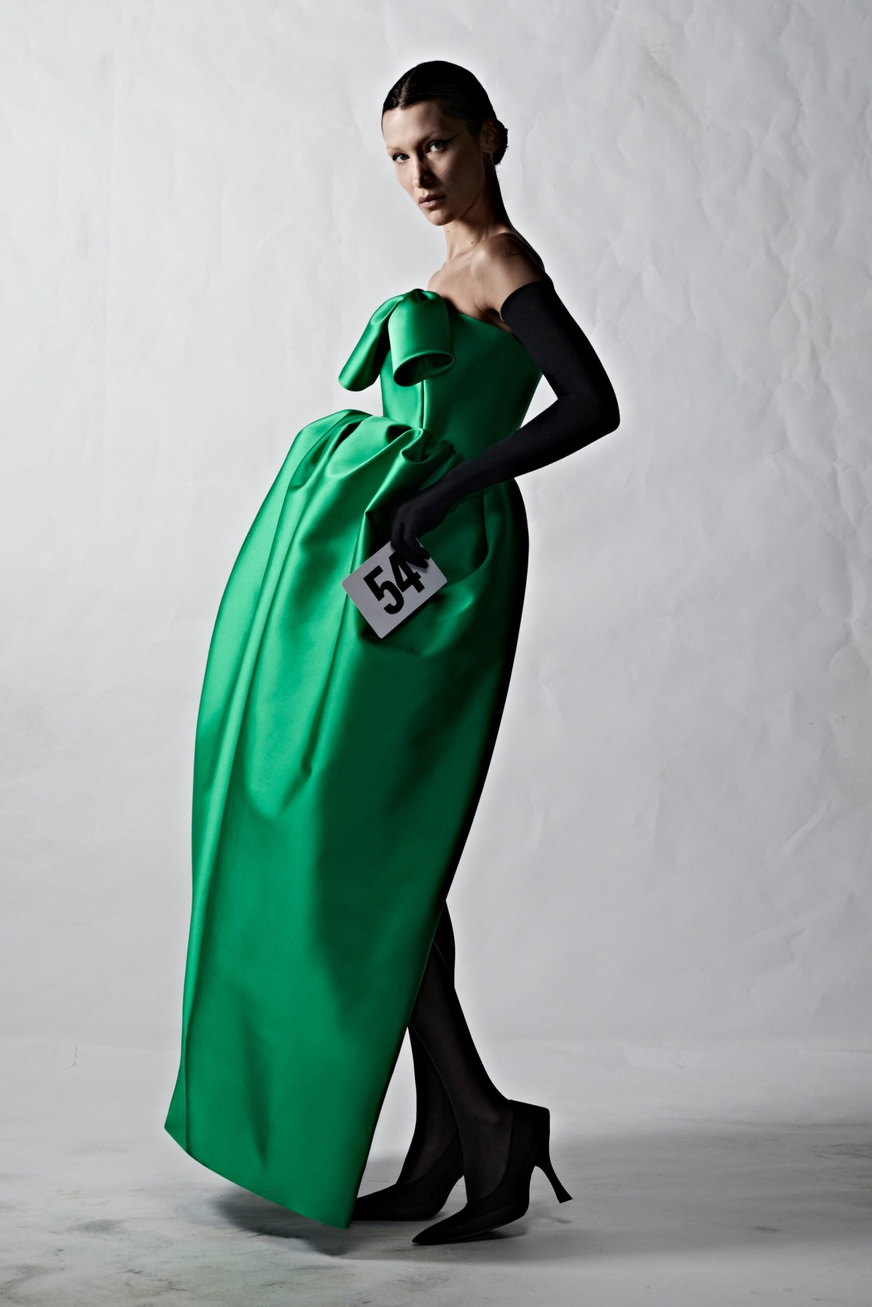 green silk strapless gown