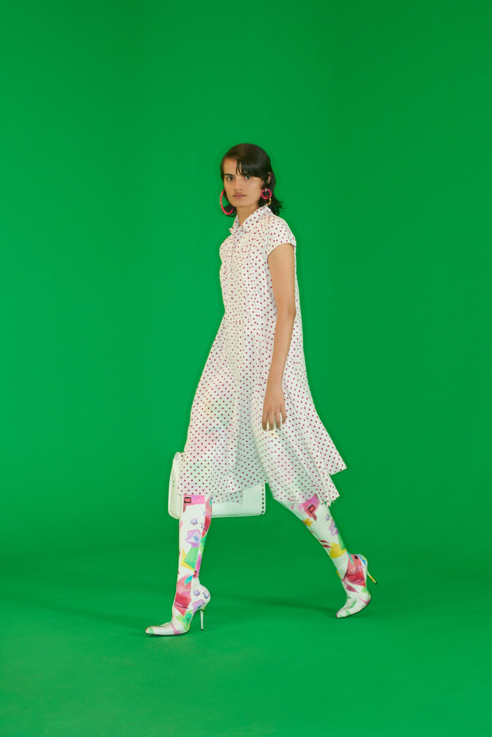 white pink polka-dot midi dress