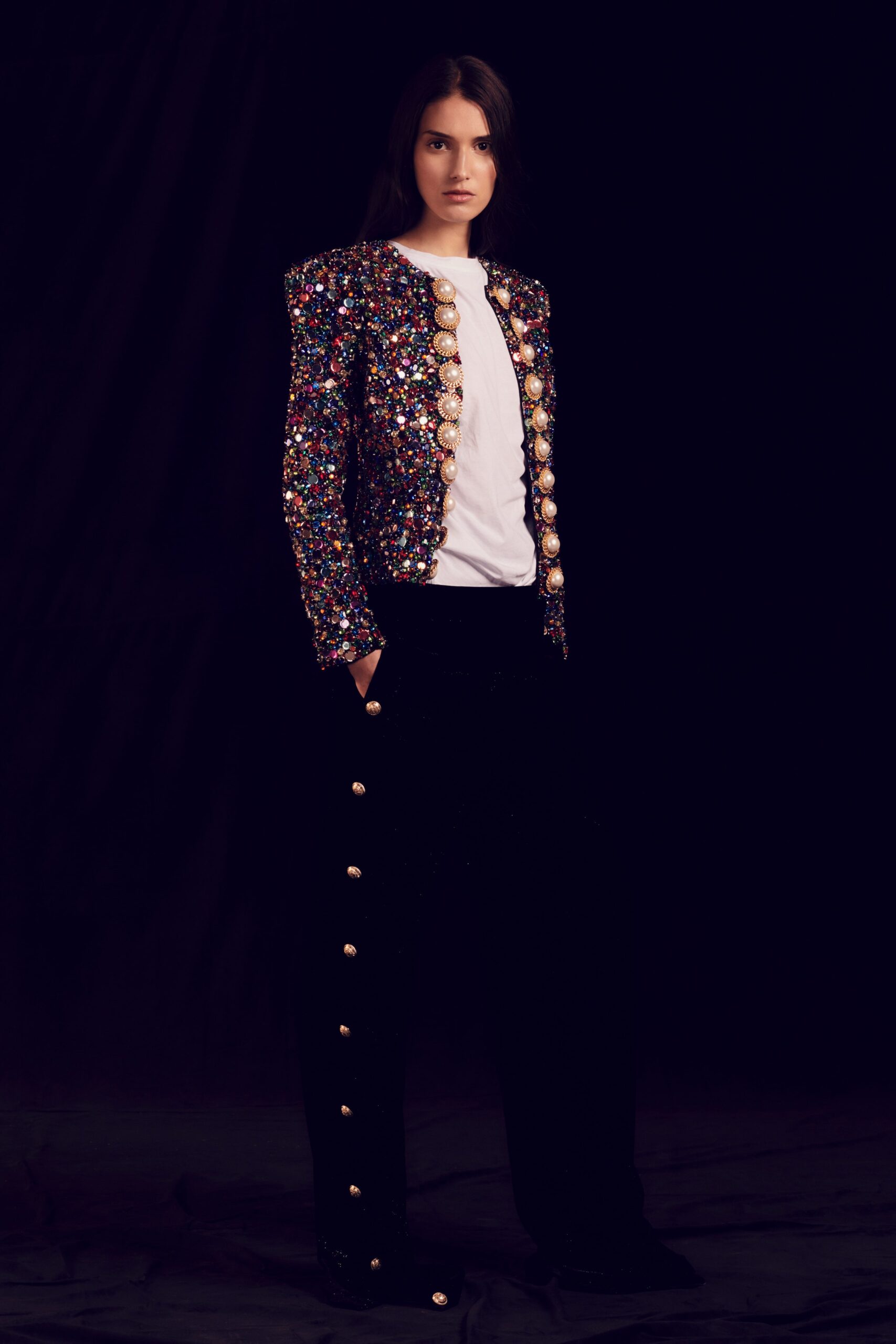 multi-colored beaded jacket with t-shirt and pants