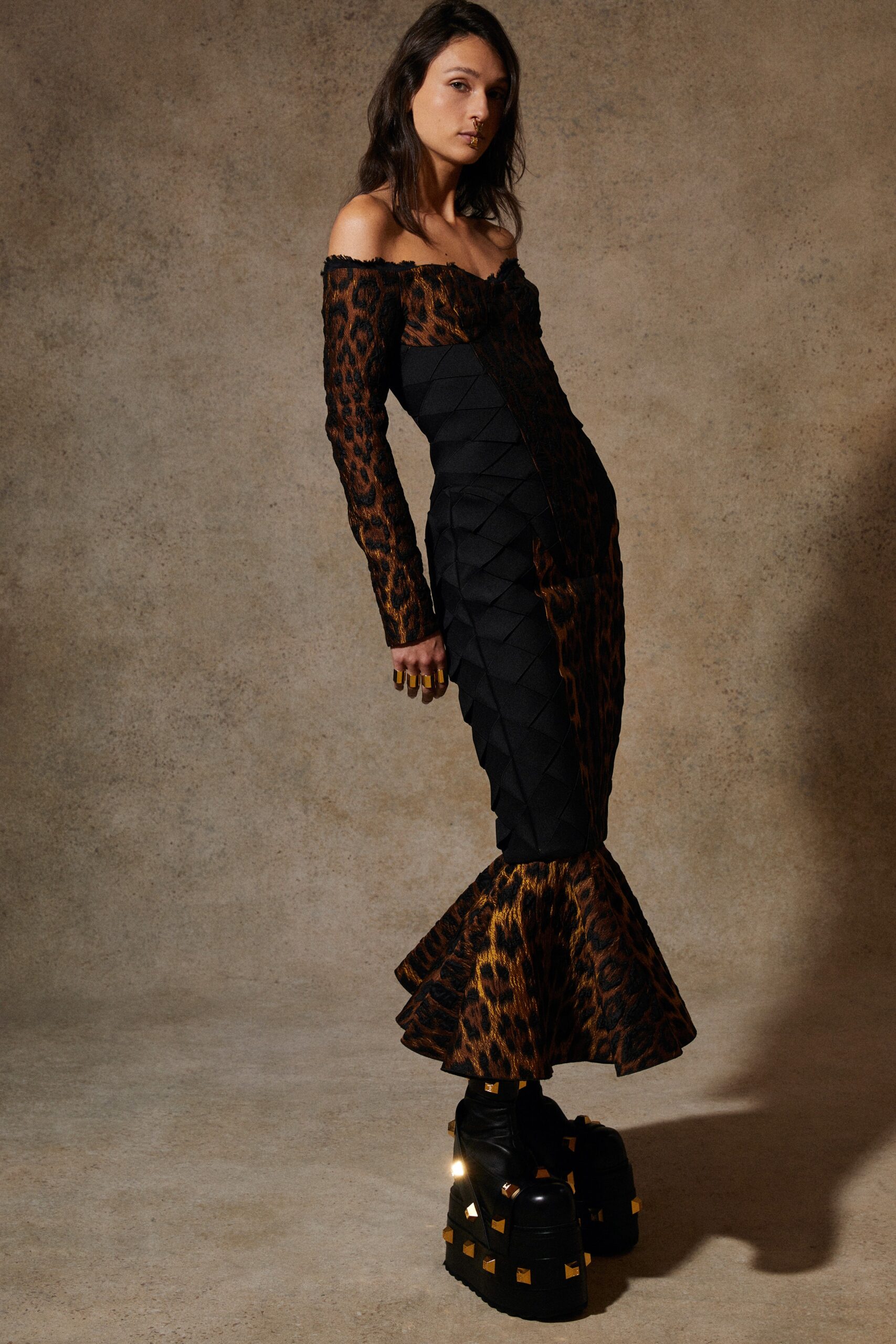 fitted black and brown midi dress