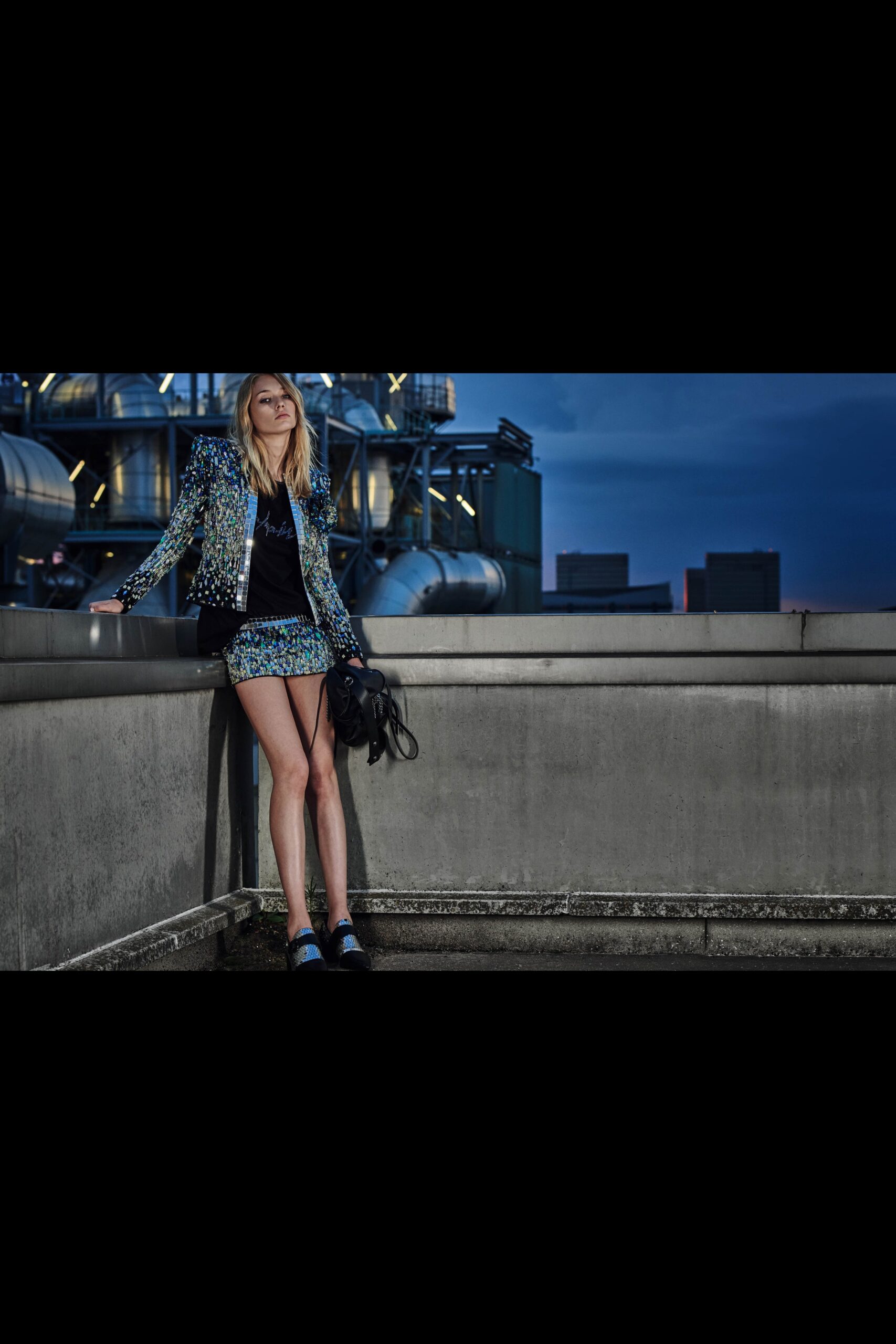 blue printed blazer with mini skirt