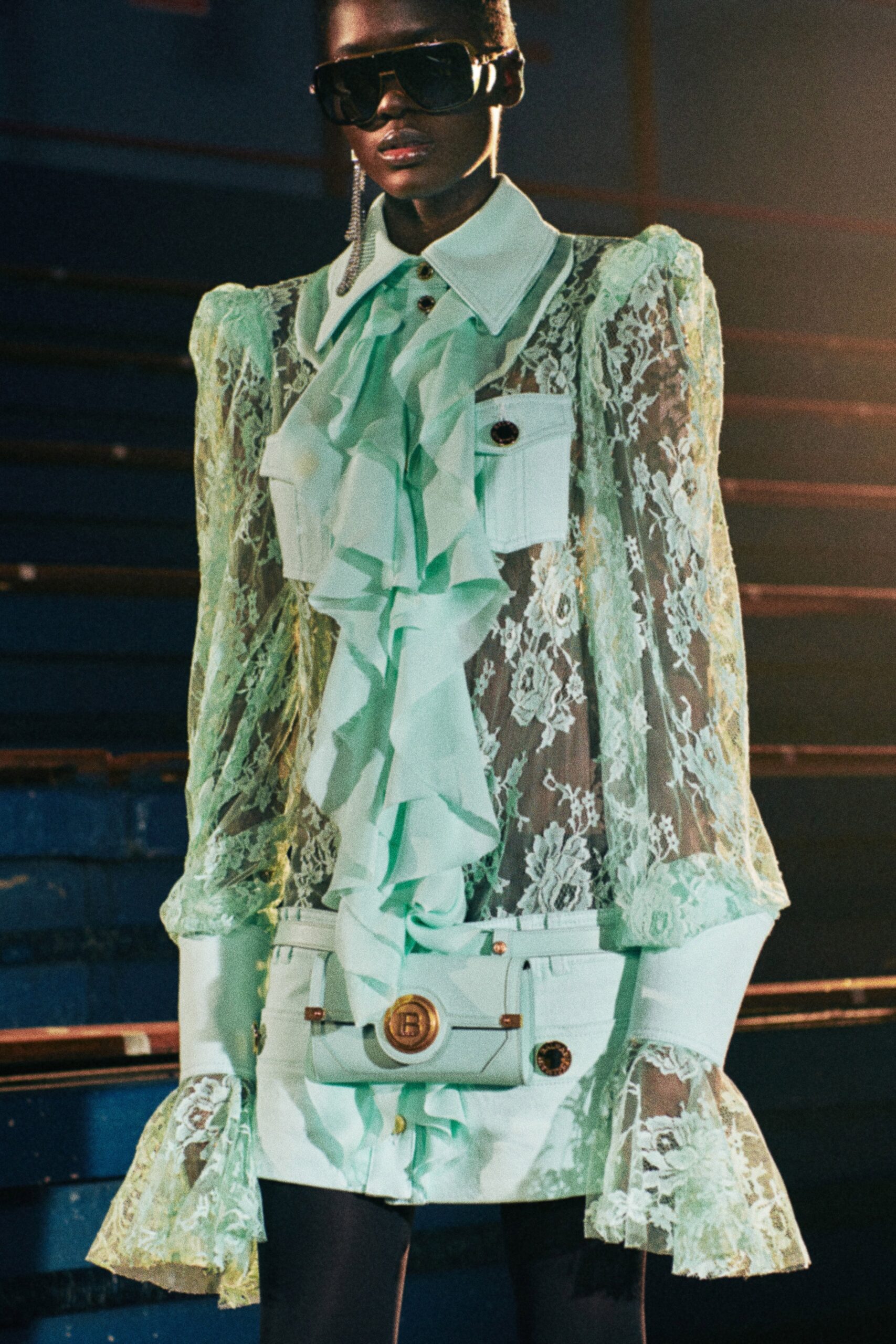 mint lace blouse and mini skirt