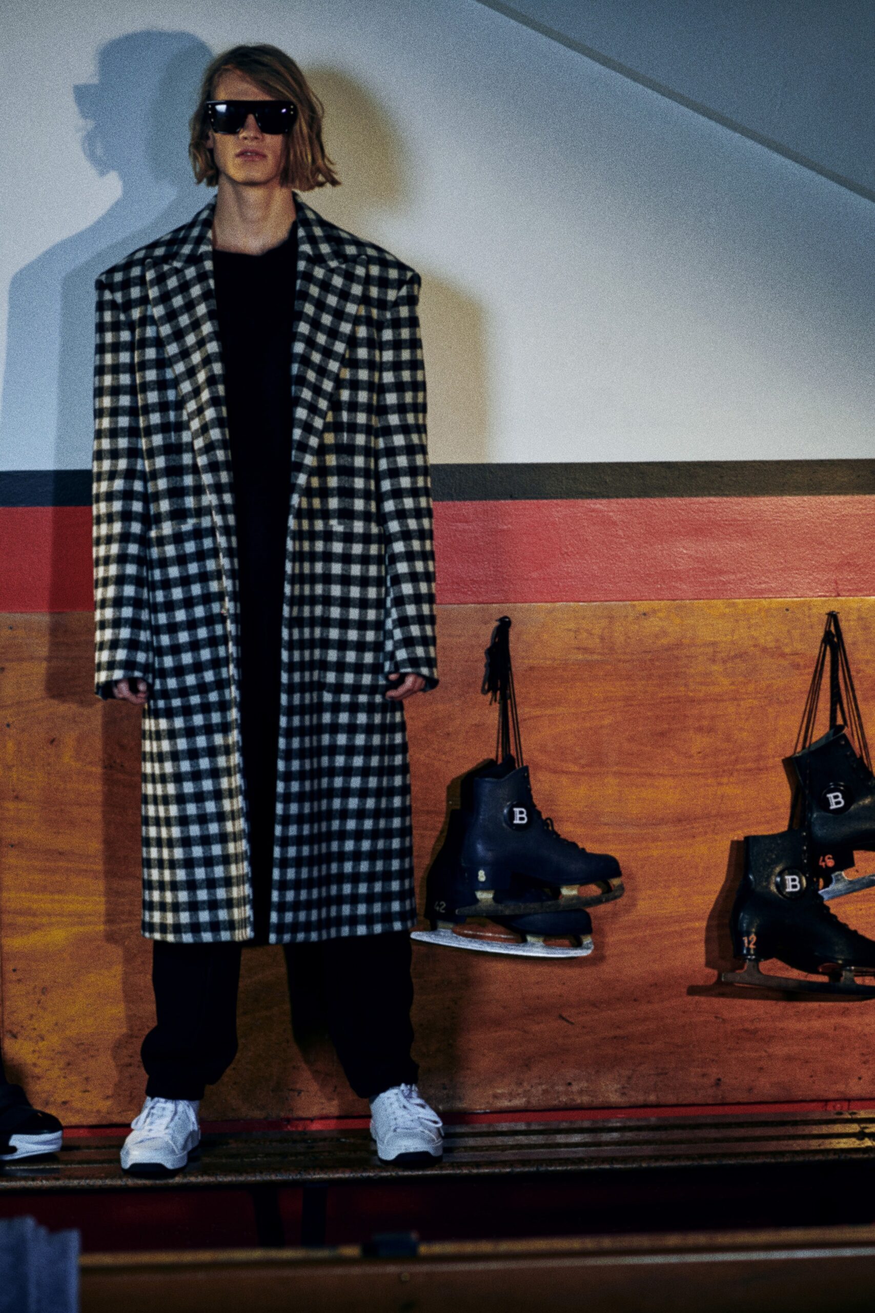 oversized checked coat with black outfit
