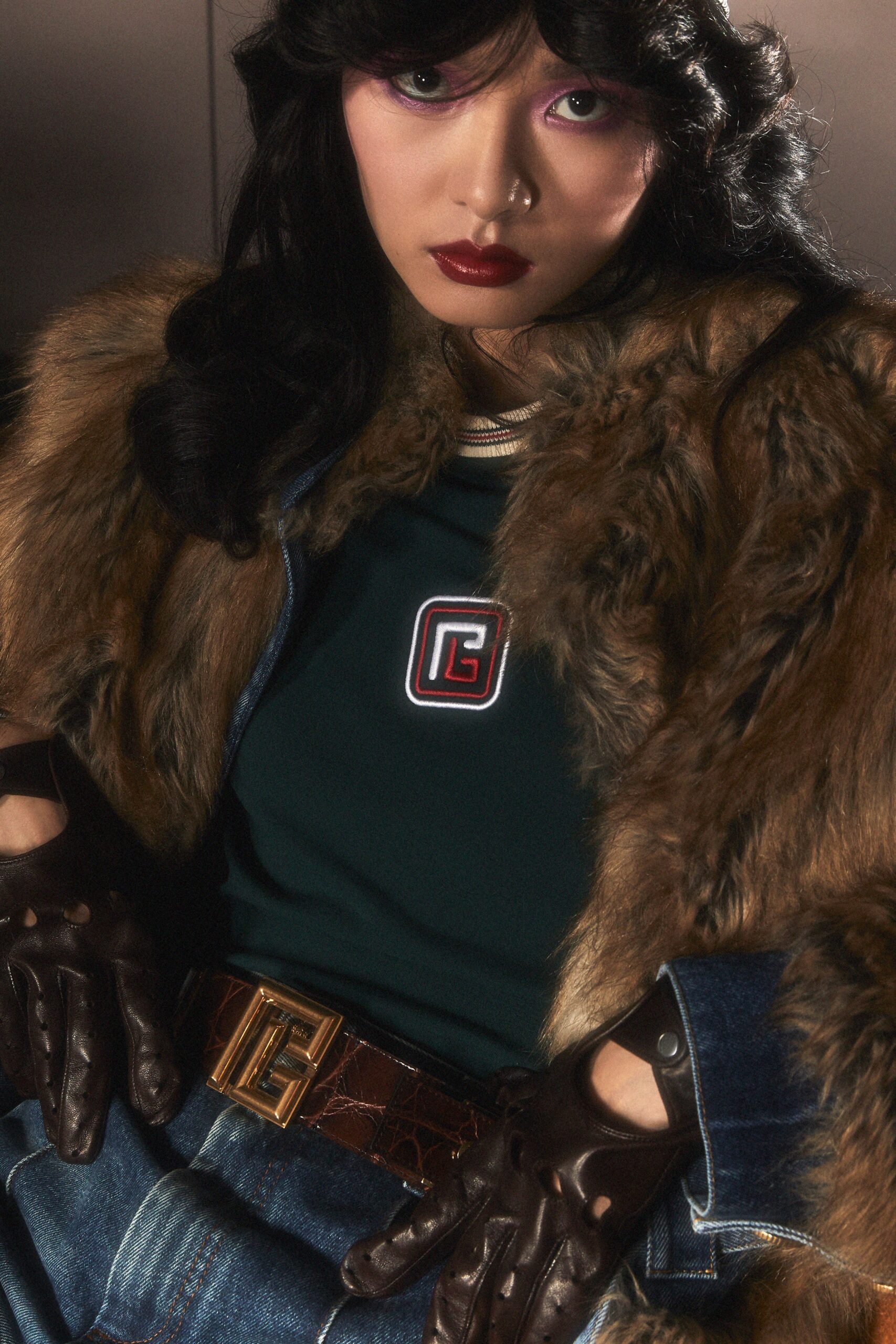 brown fur coat with green top