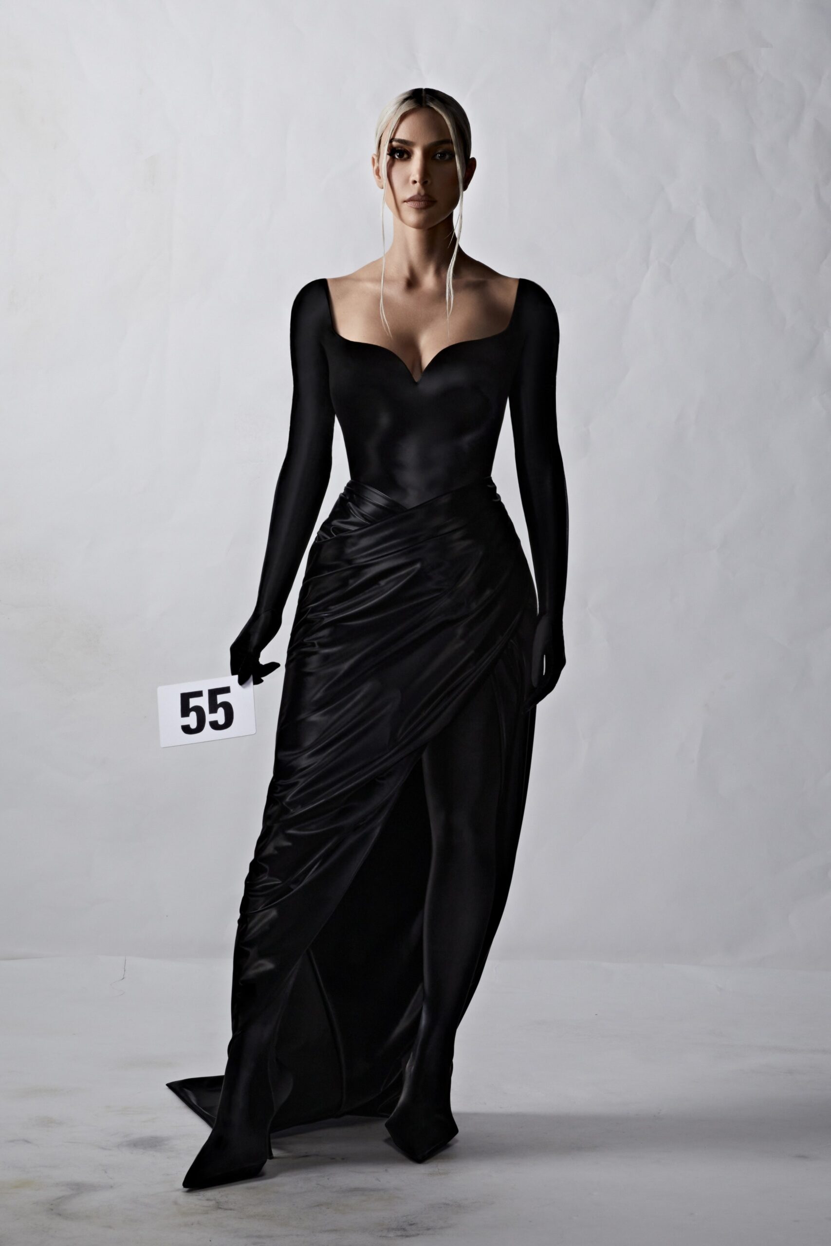 black silk off-shoulder gown