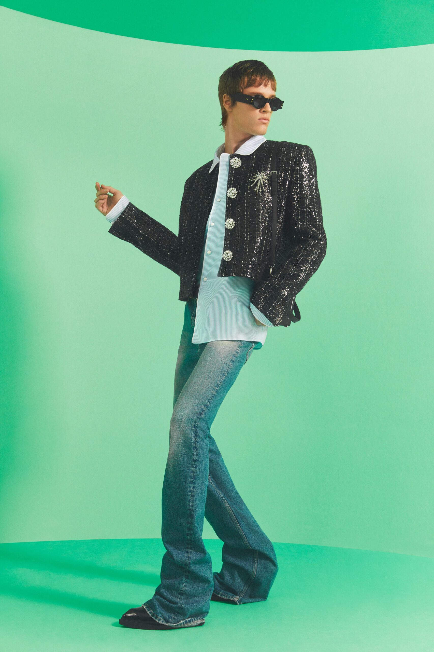 black sequin jacket with flared jeans