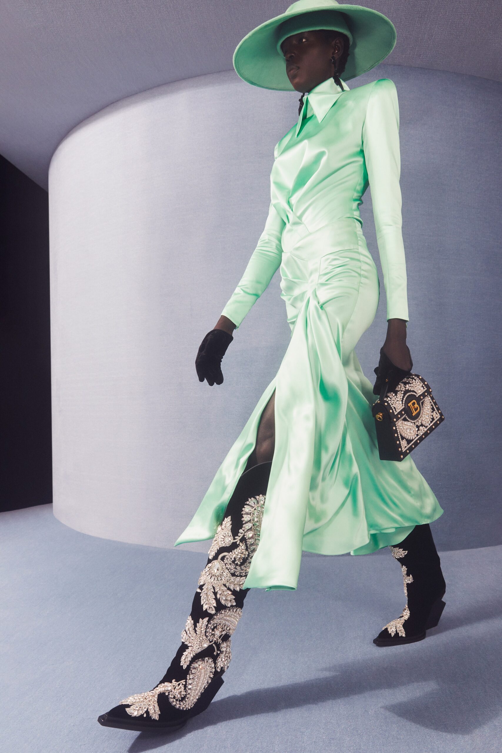 mint silk fitted dress with boots