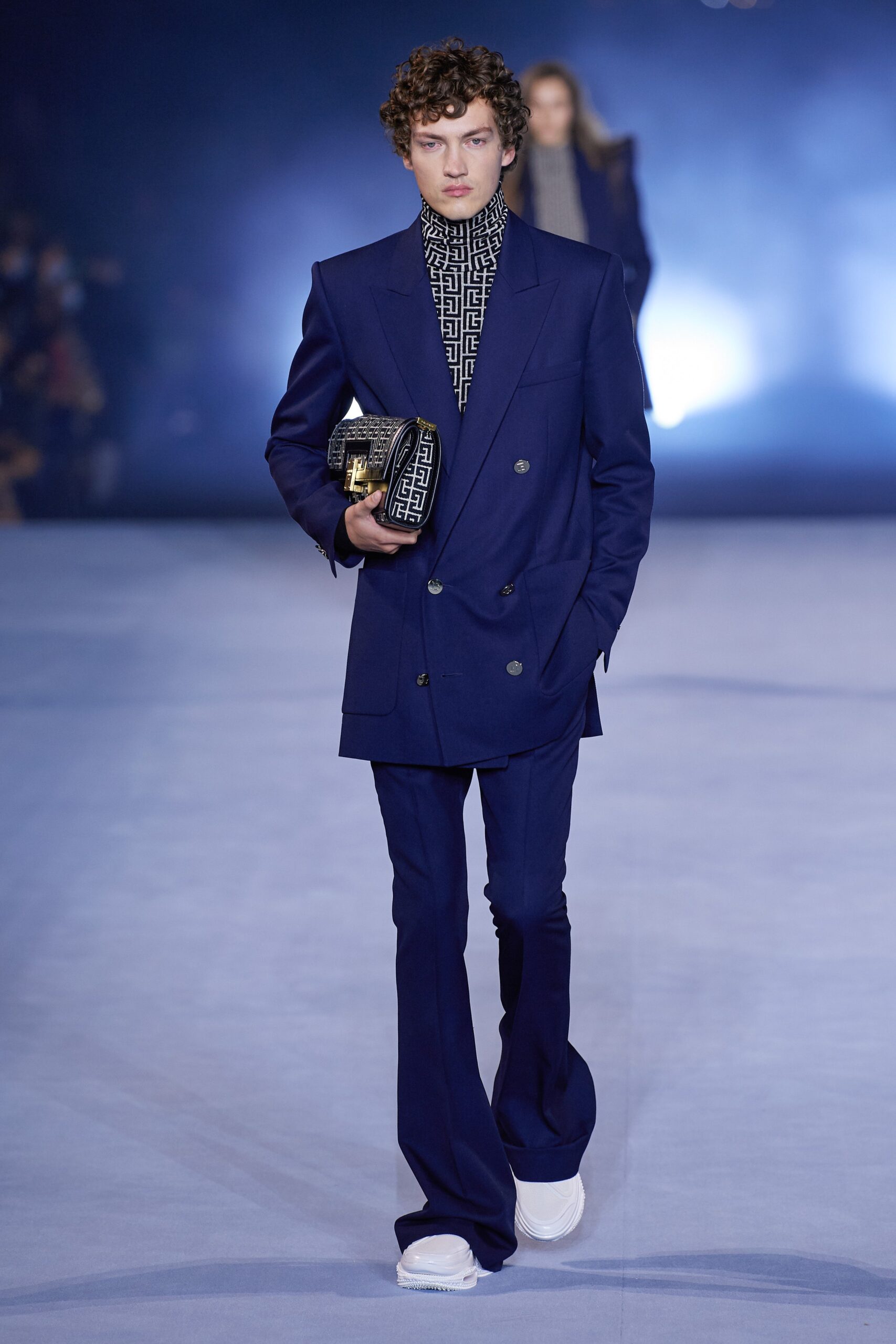 blue tailored suit with printed shirt