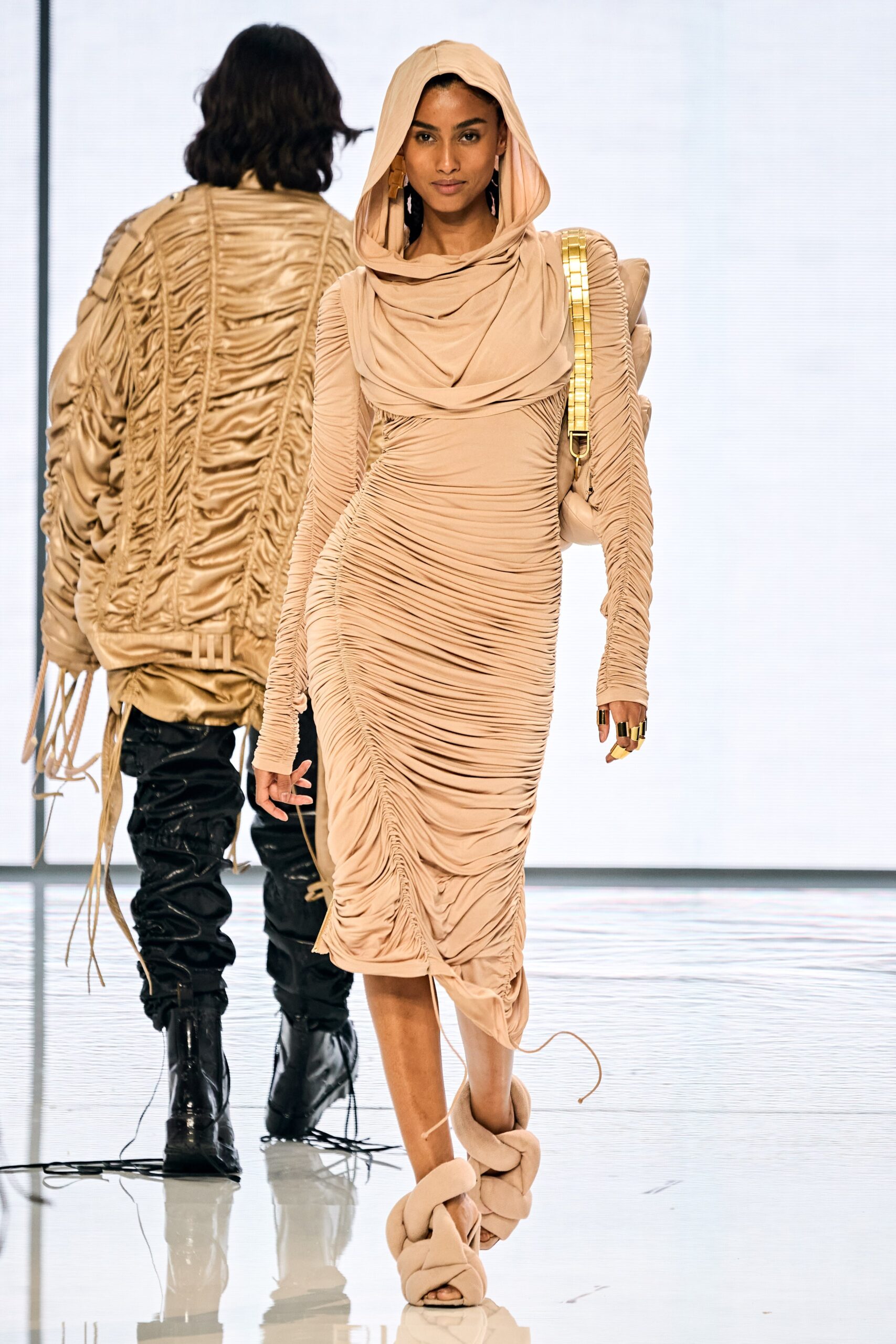 beige fitted hooded ruched dress