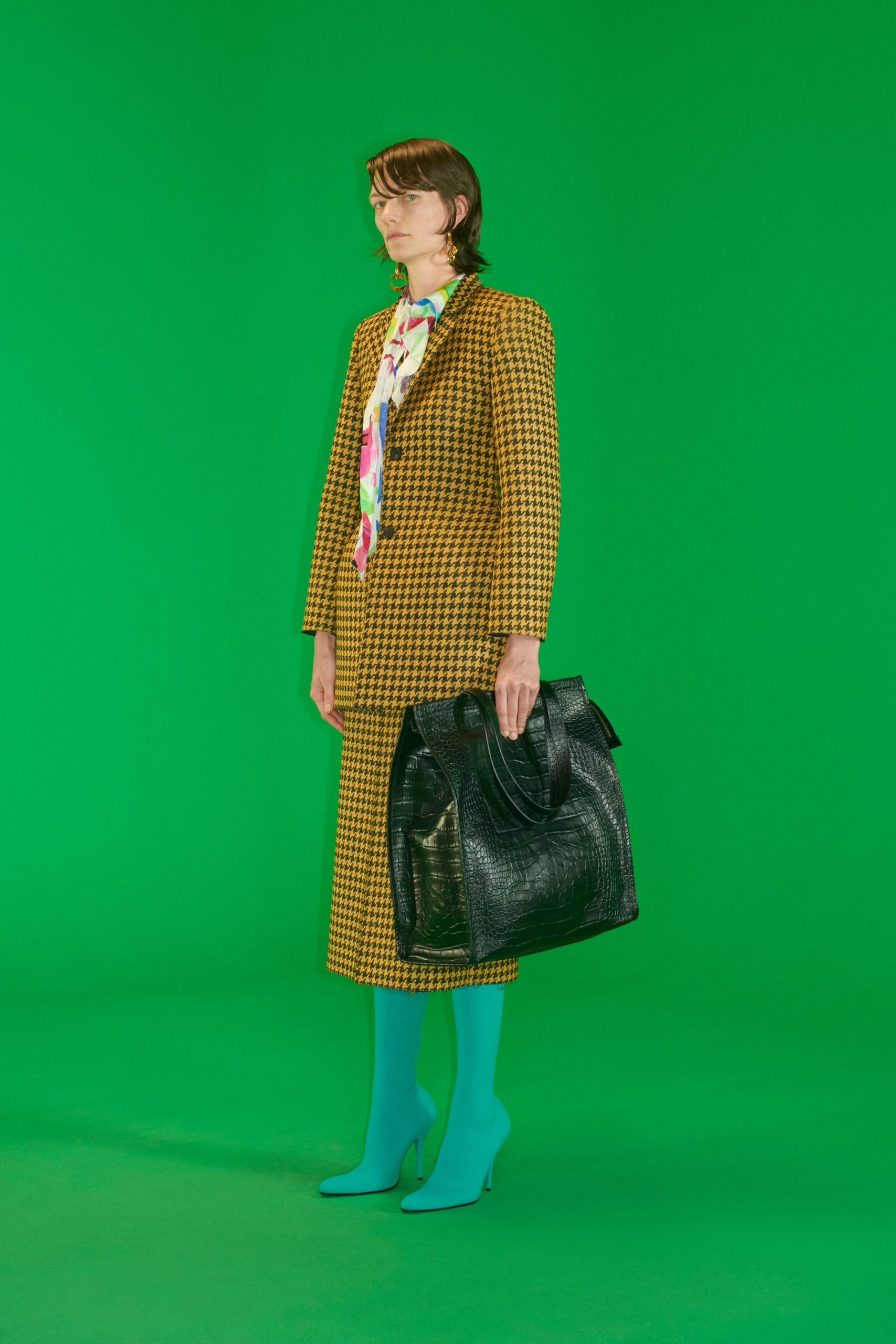 yellow black checked suit with blue shoes