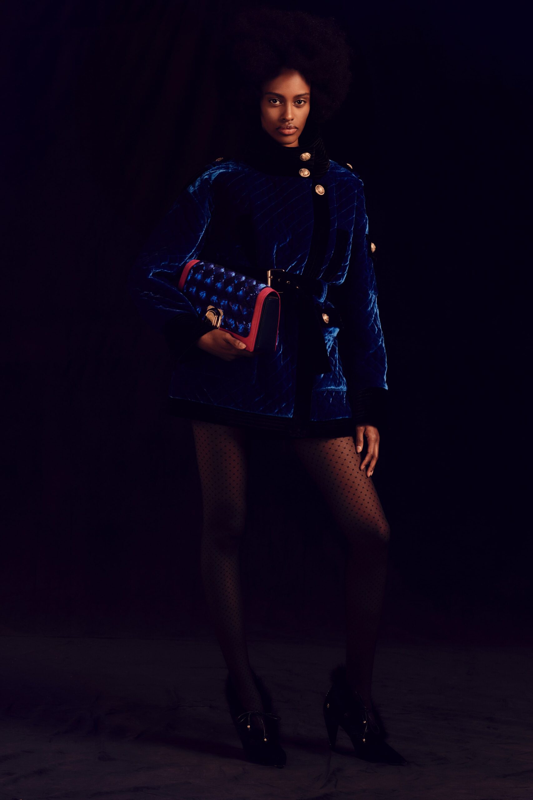 blue velvet fitted jacket