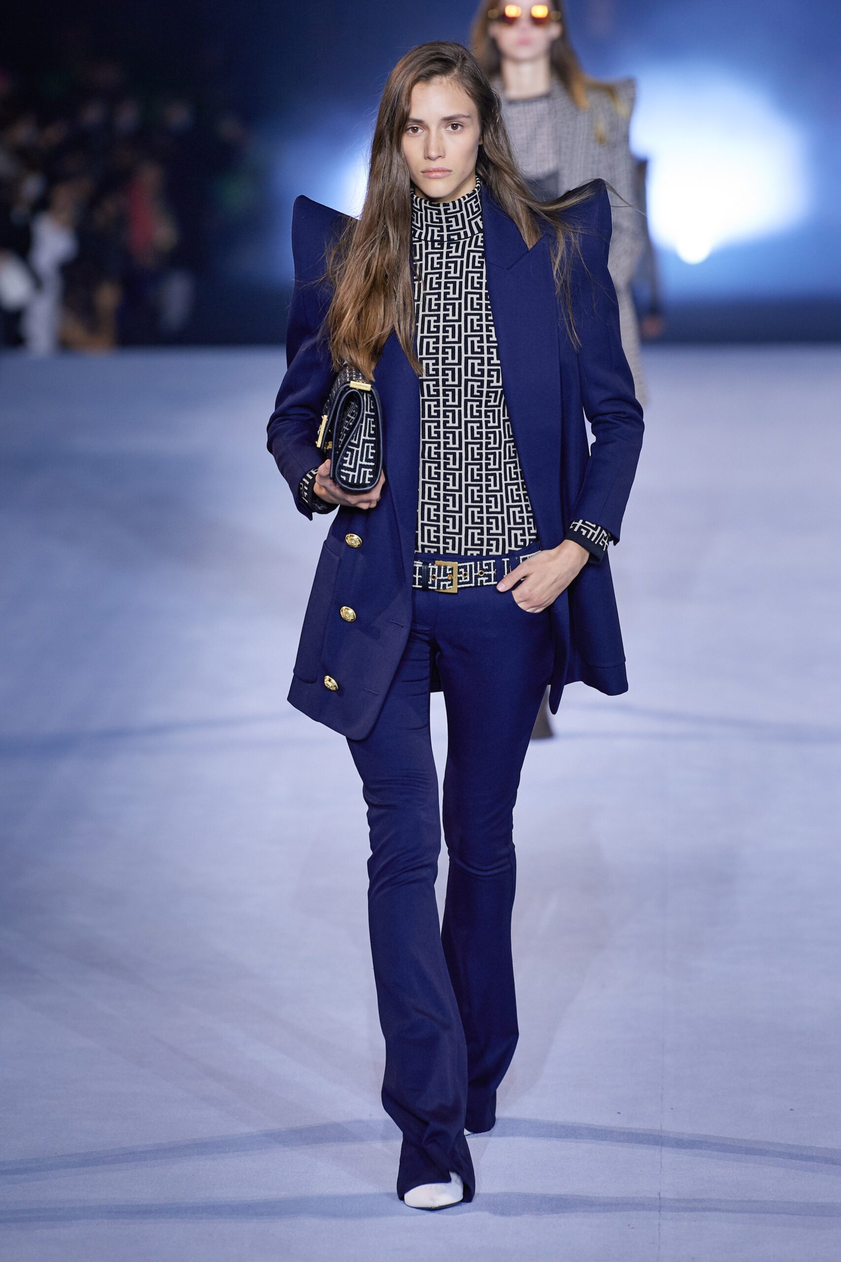 blue tailored blazer with printed top