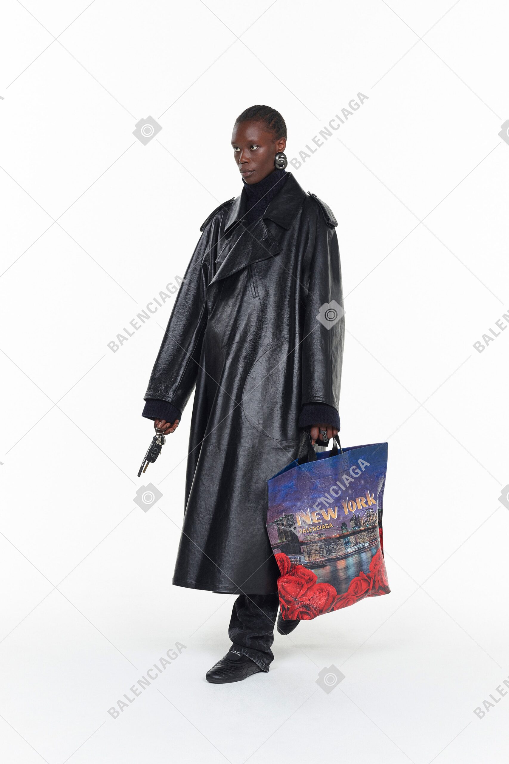black leather long-sleeve collared oversized belted maxi coat
