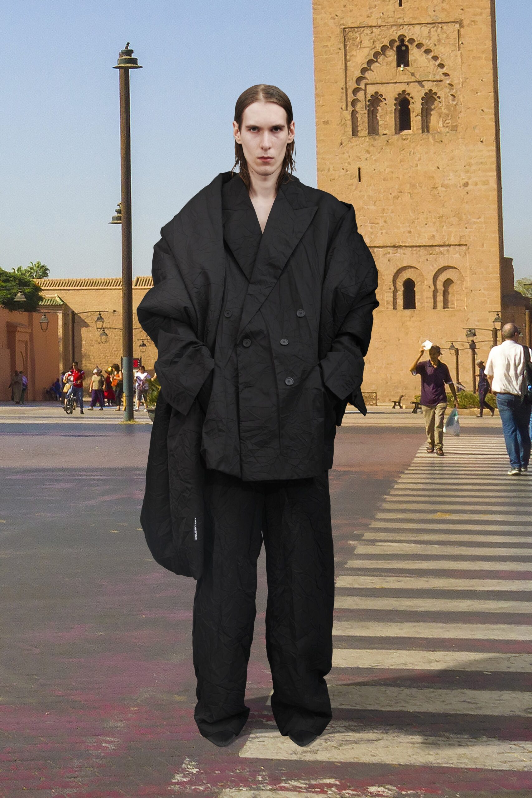 black oversized jacket and relaxed pants