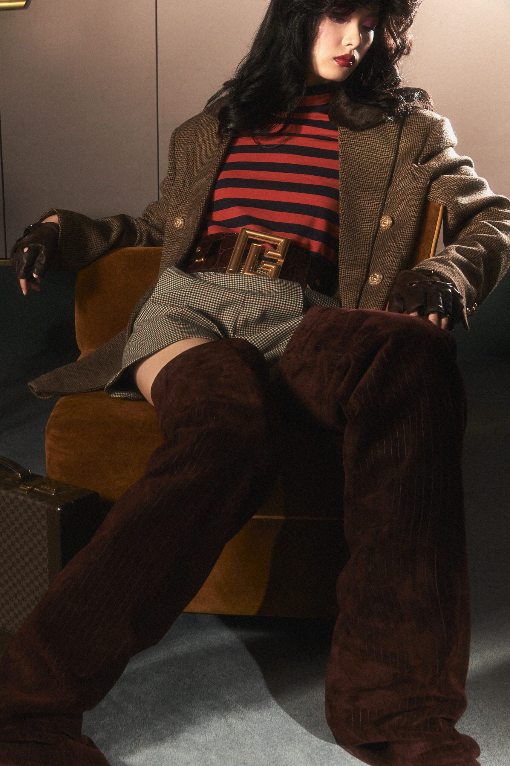 brown tweed blazer with striped top