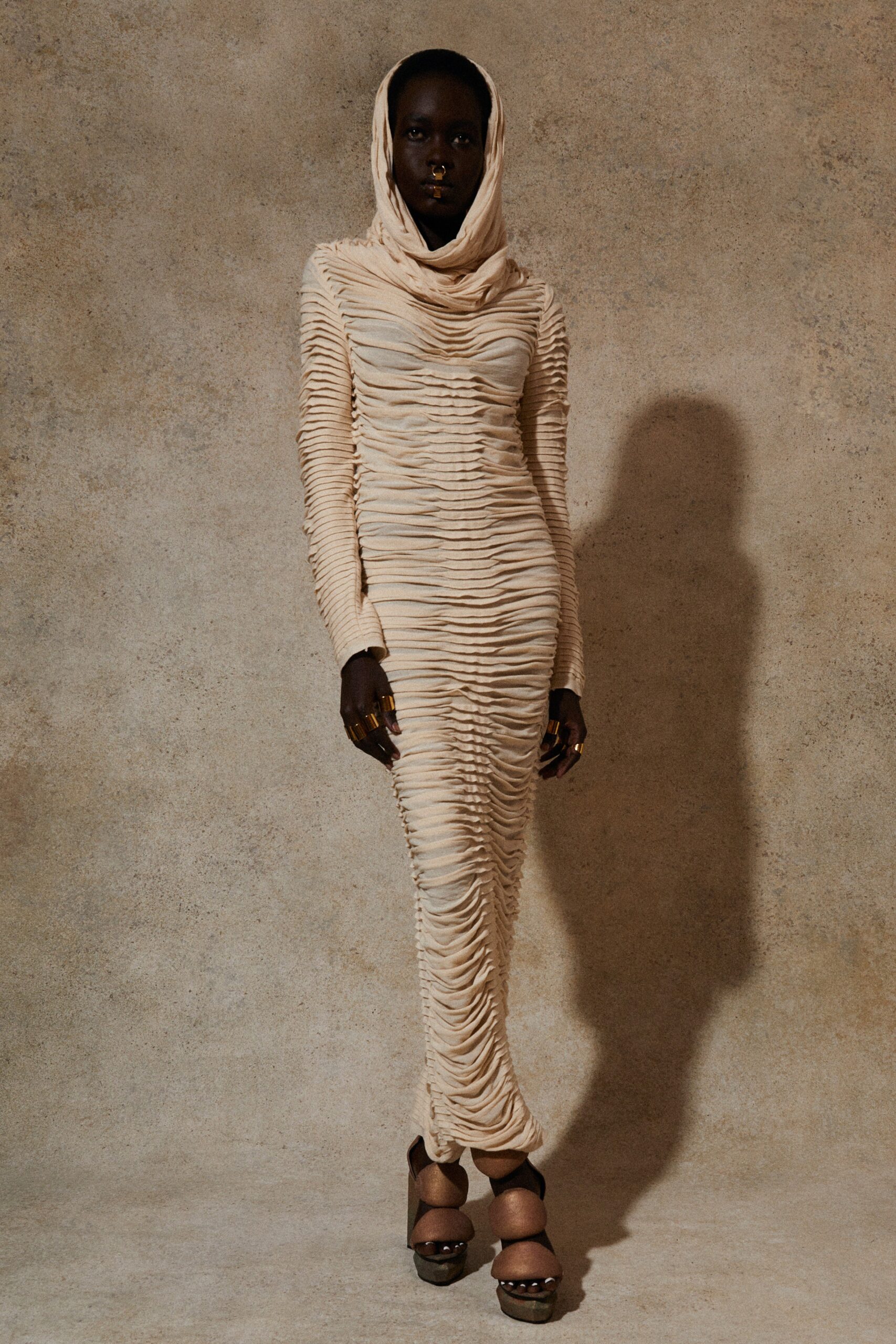 beige fitted ruched dress