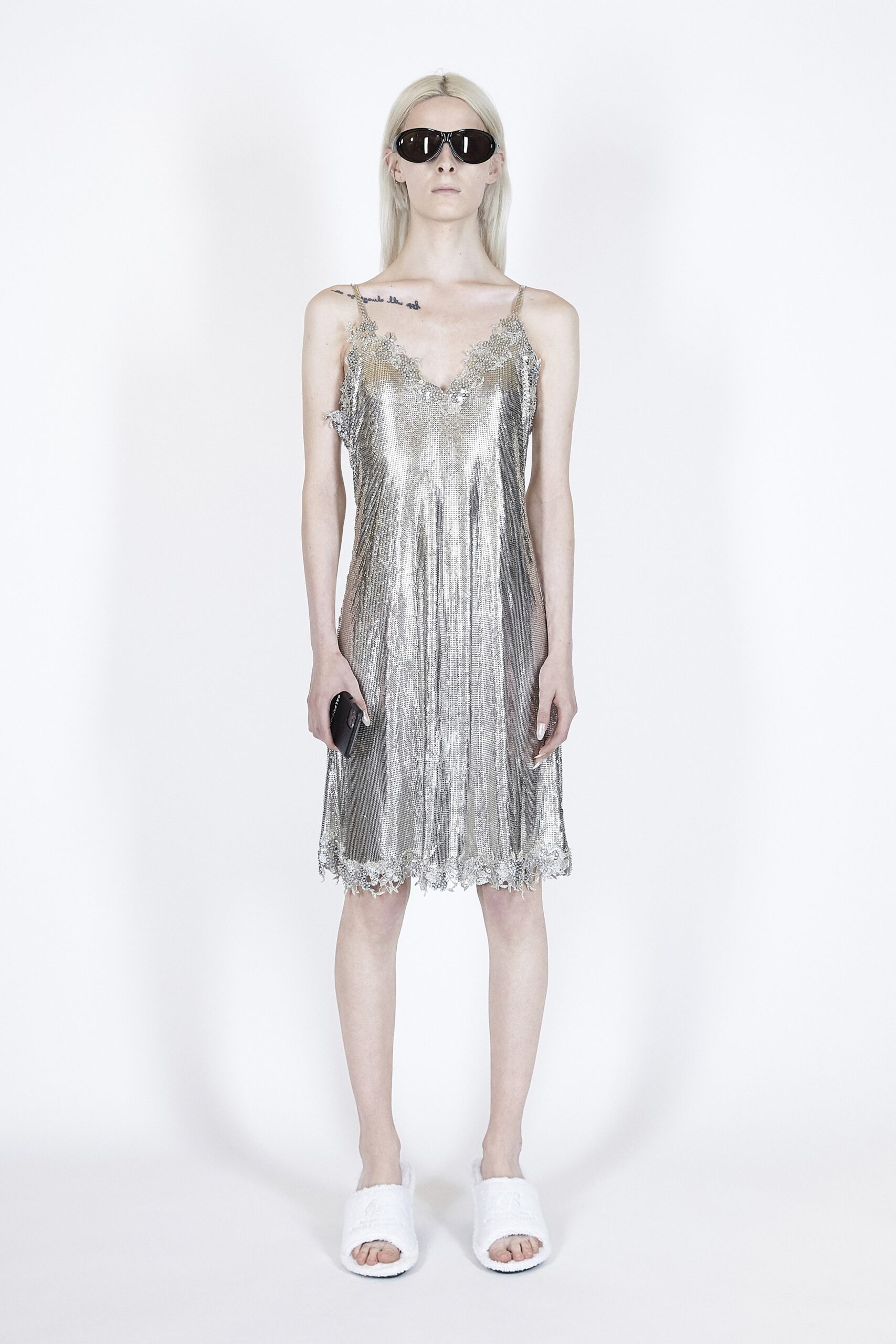 gray metallic sleeveless v-neck relaxed draped shiny dress