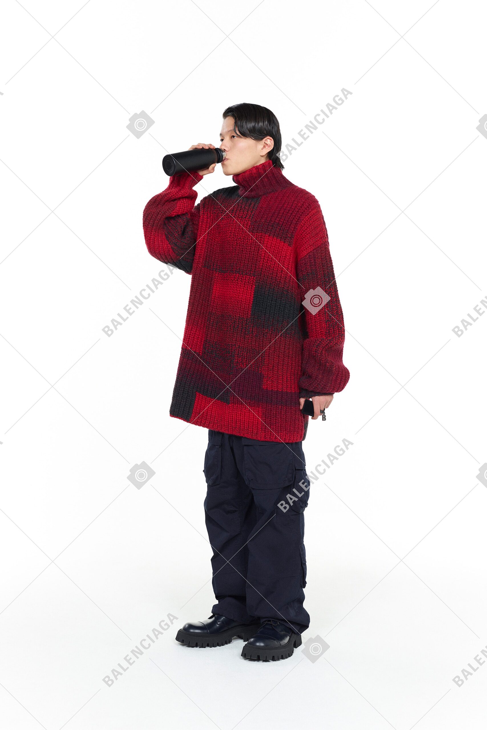 oversized red black sweater with cargo pants