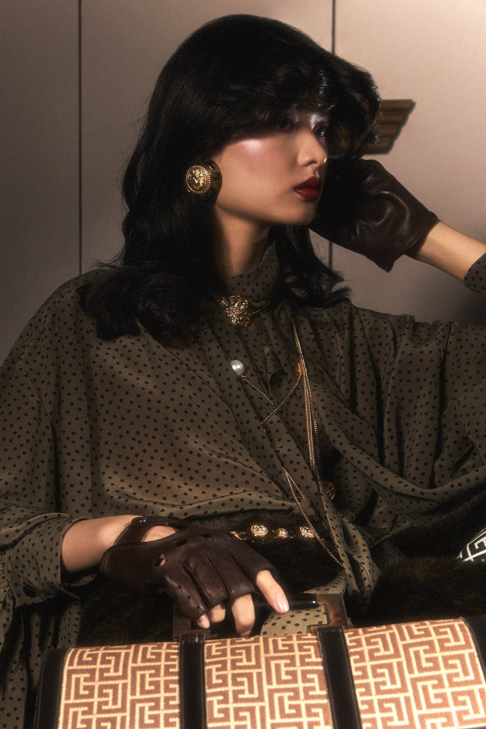 green silk relaxed blouse with gloves