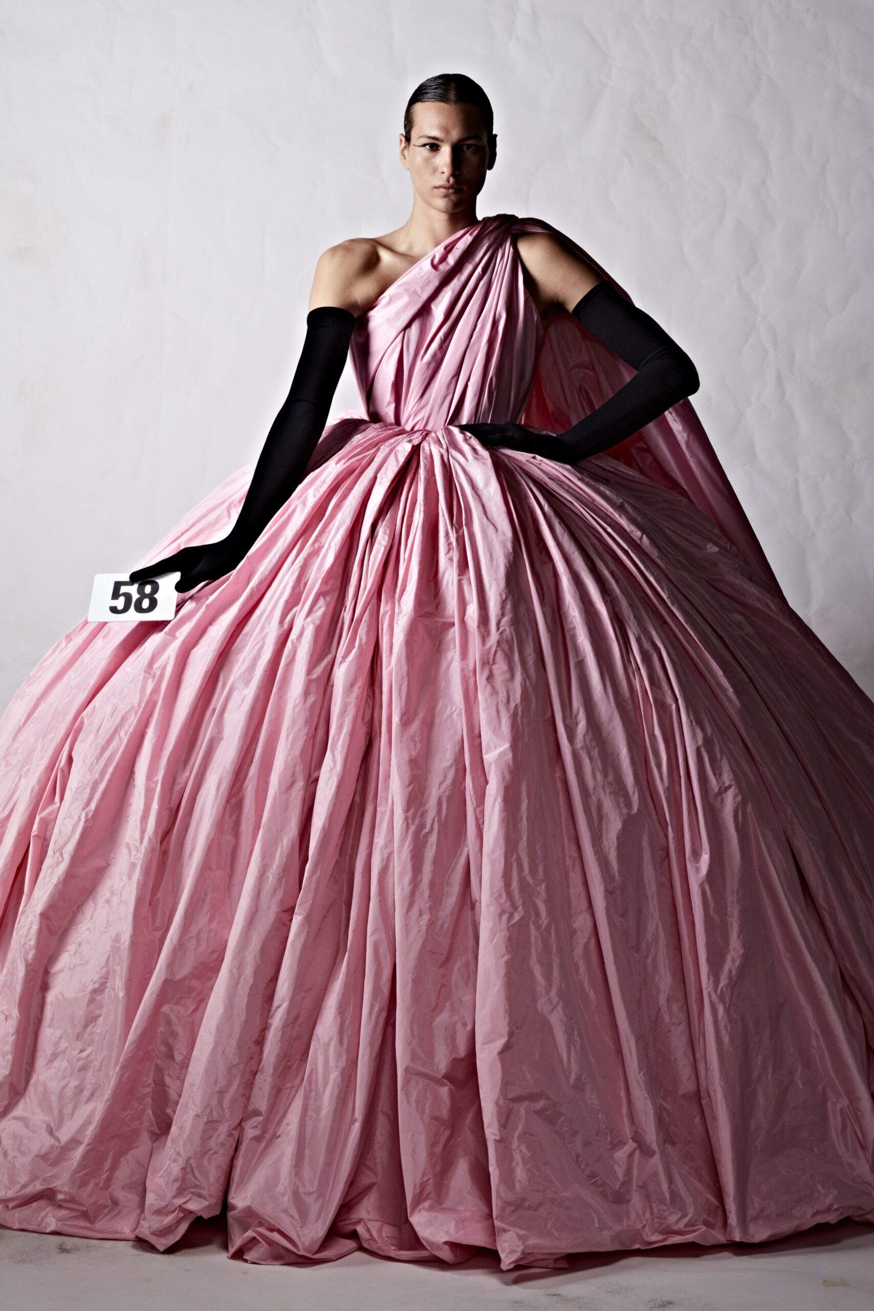 pink silk off-shoulder gown
