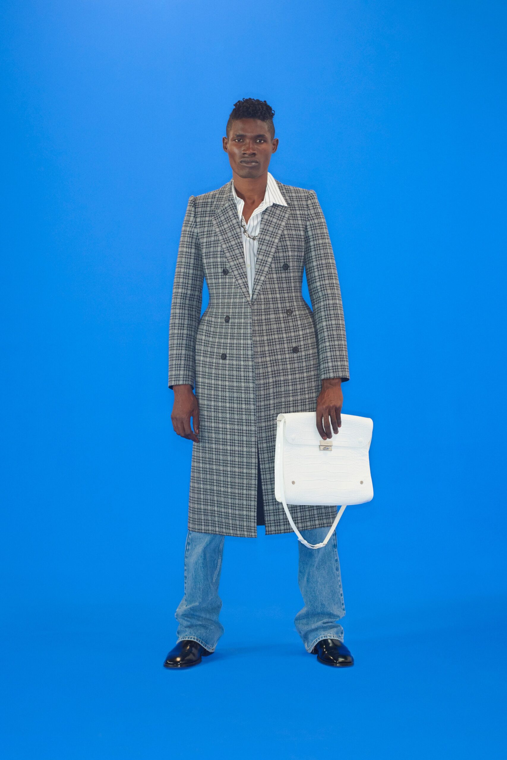 gray wool long-sleeve collared tailored checked coat