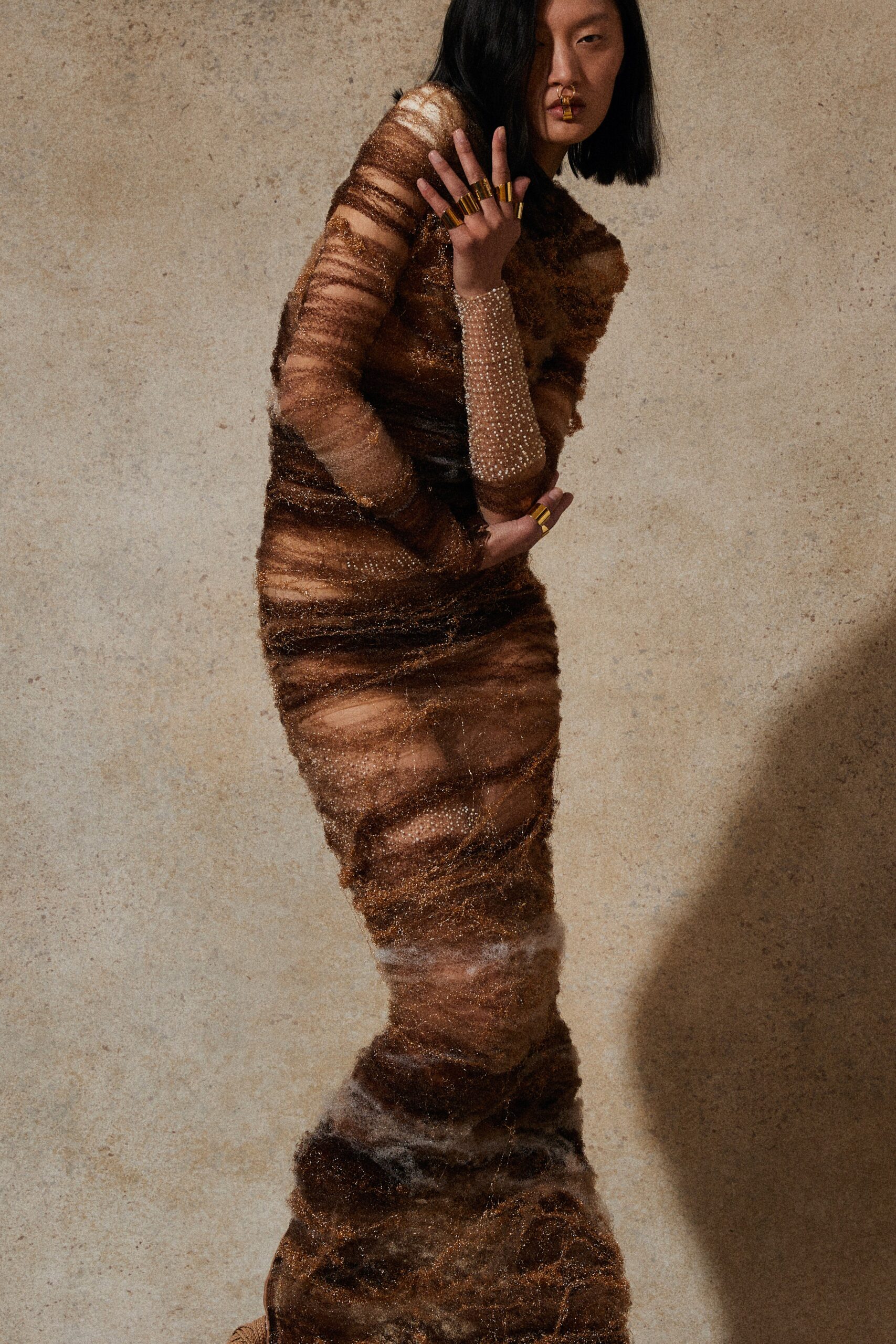 fitted brown wool maxi dress