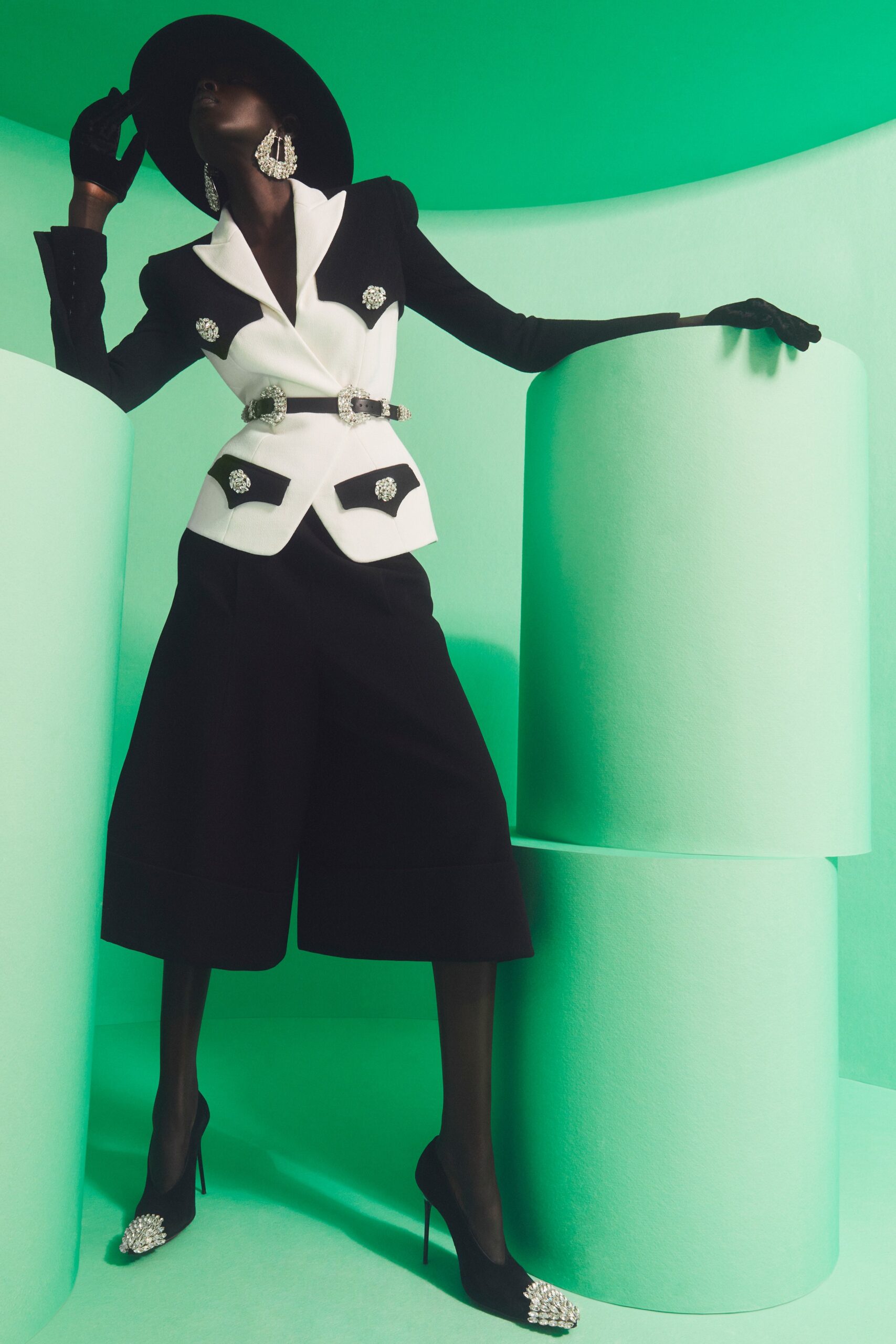 black and white tailored blazer with culottes