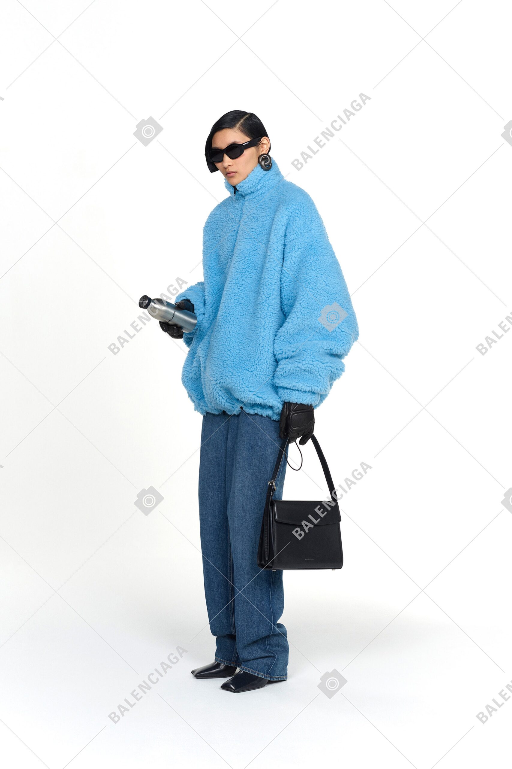 blue faux-fur long-sleeve high-neck oversized jacket
