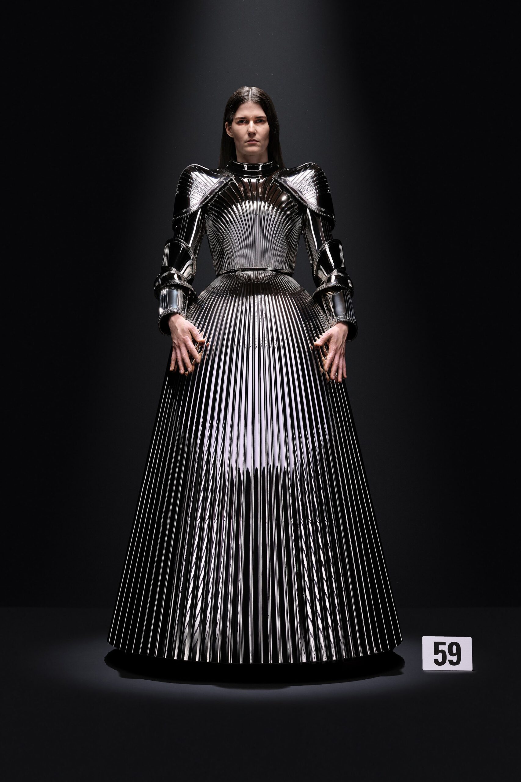silver metallic pleated gown