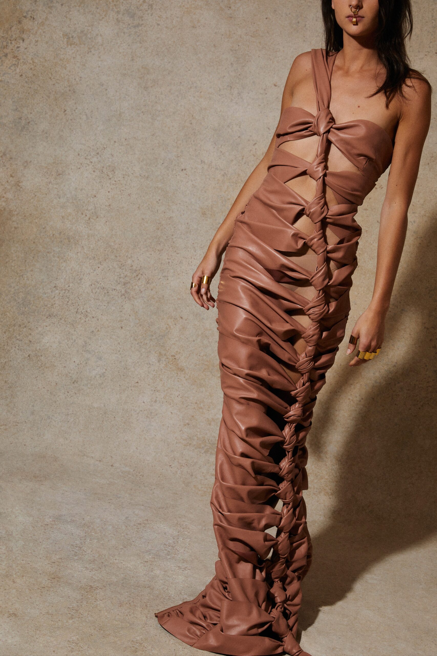 brown silk ruched gown
