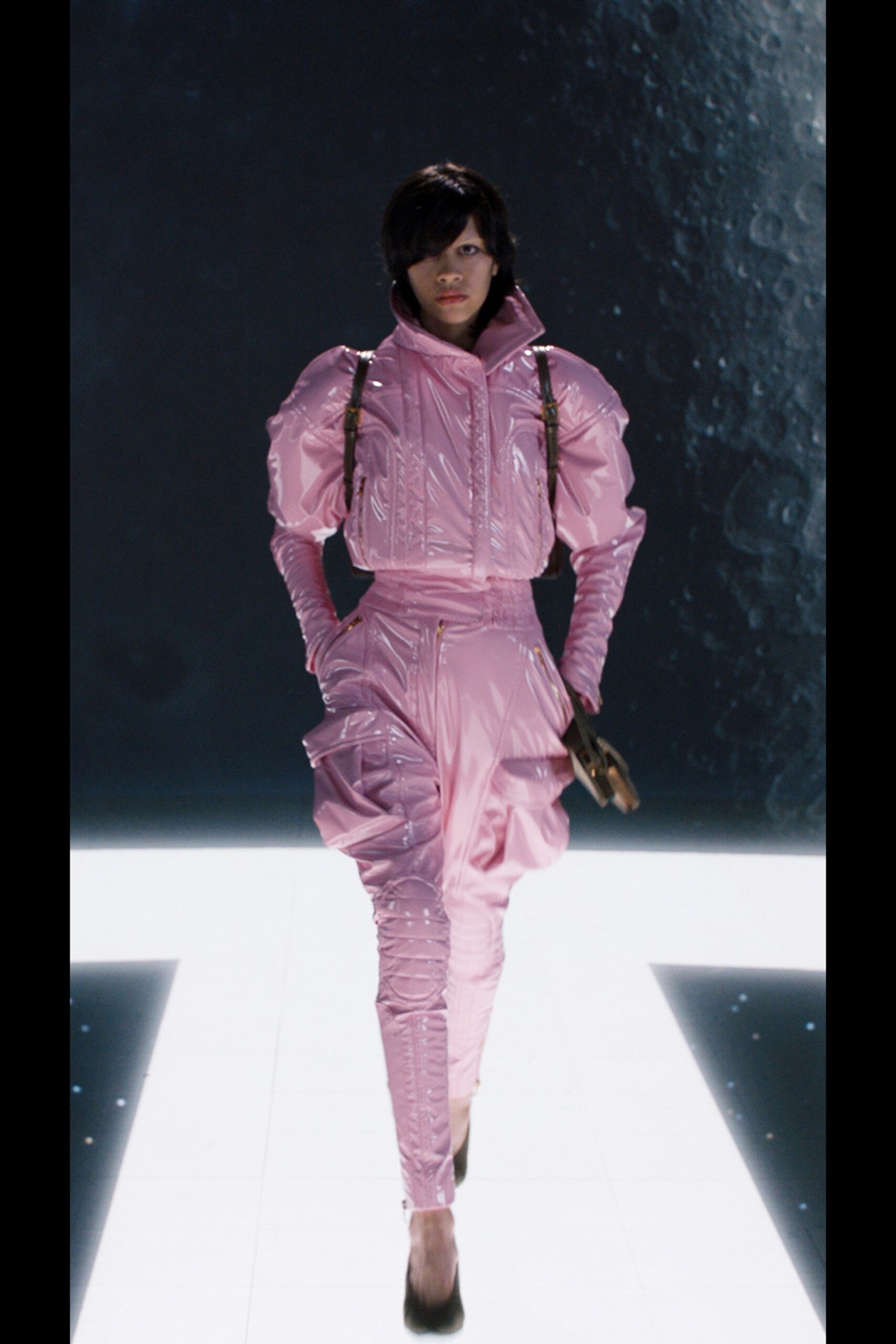 pink vinyl fitted jumpsuit