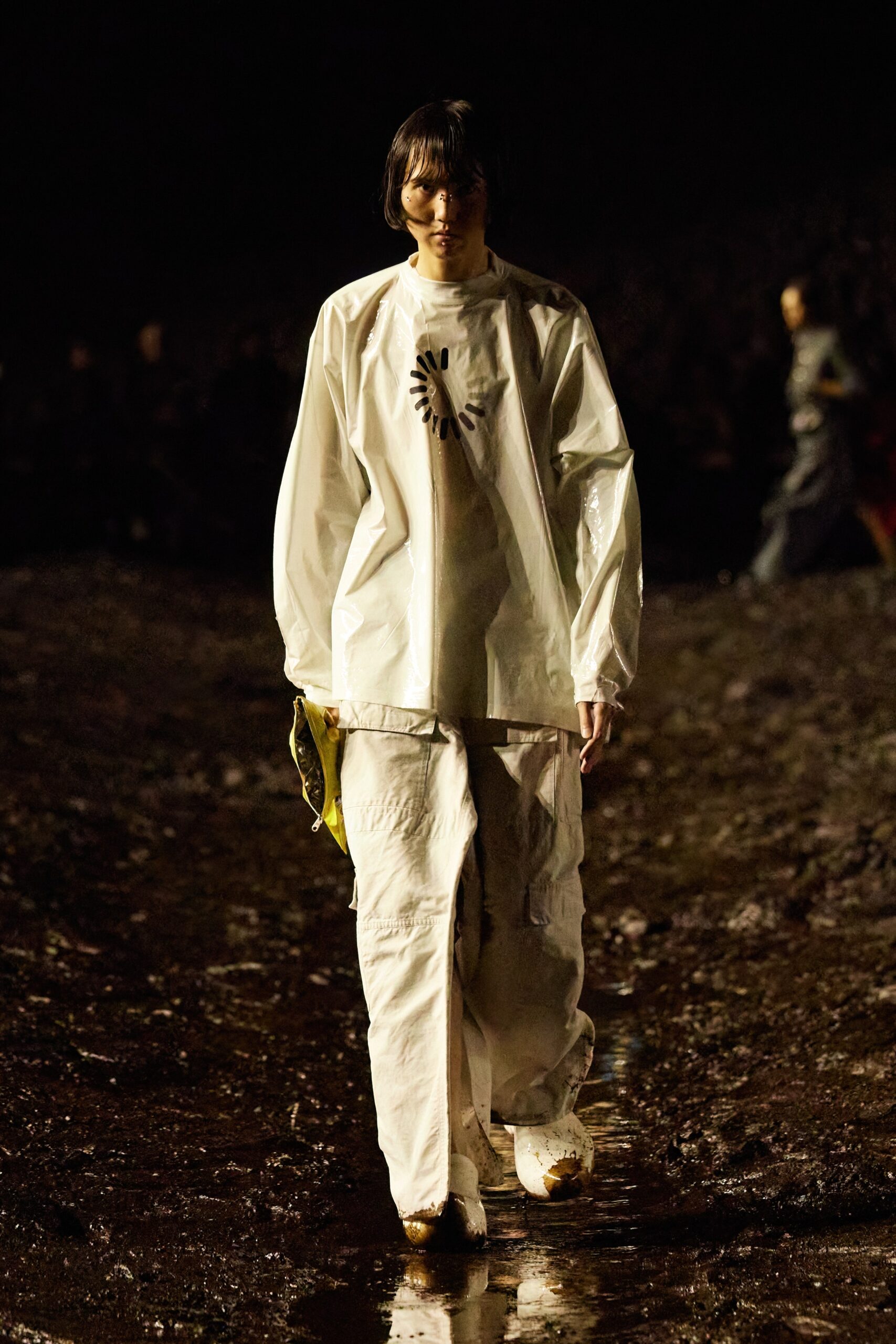 white vinyl relaxed top and pants