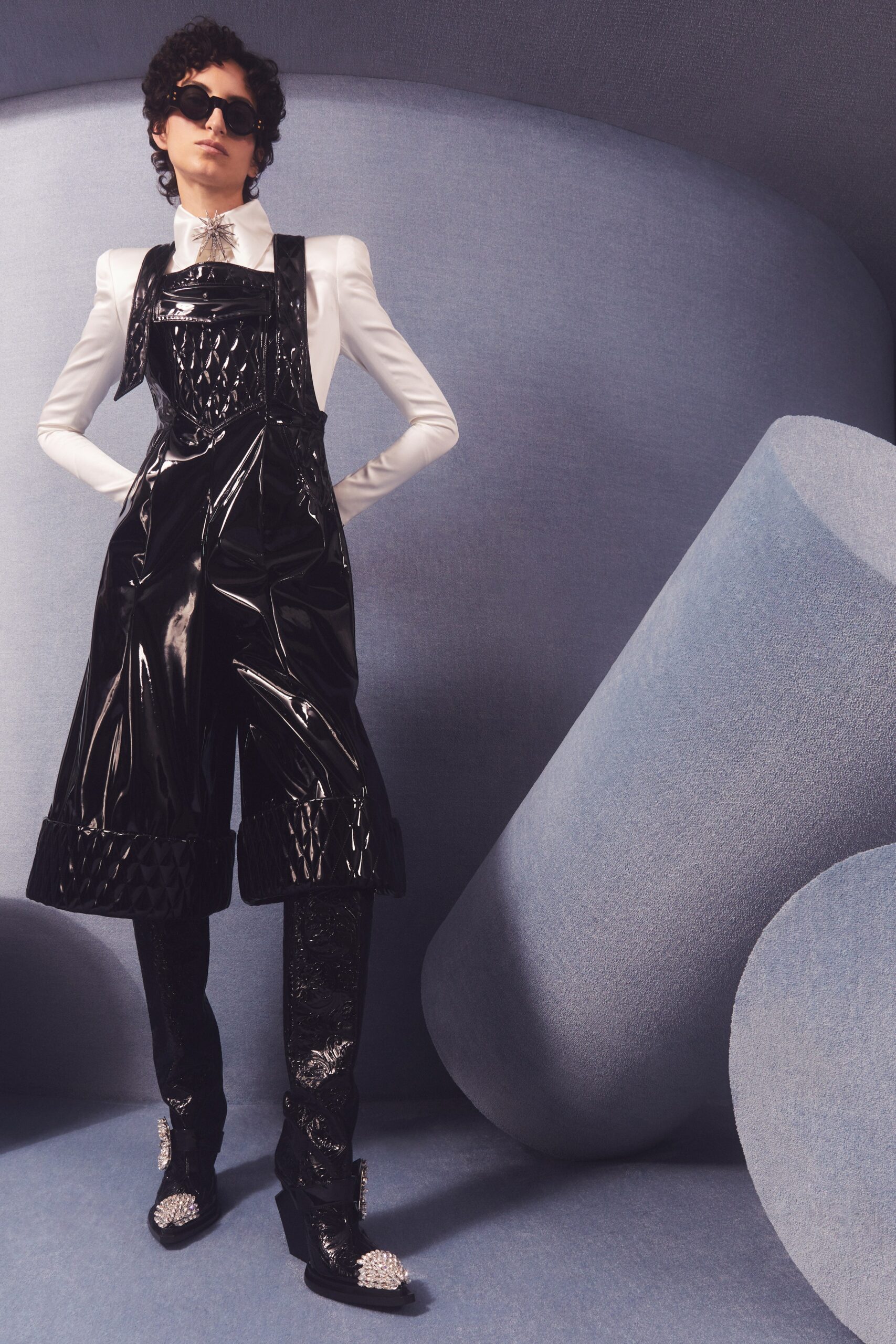 black vinyl sleeveless fitted zippered shiny overalls